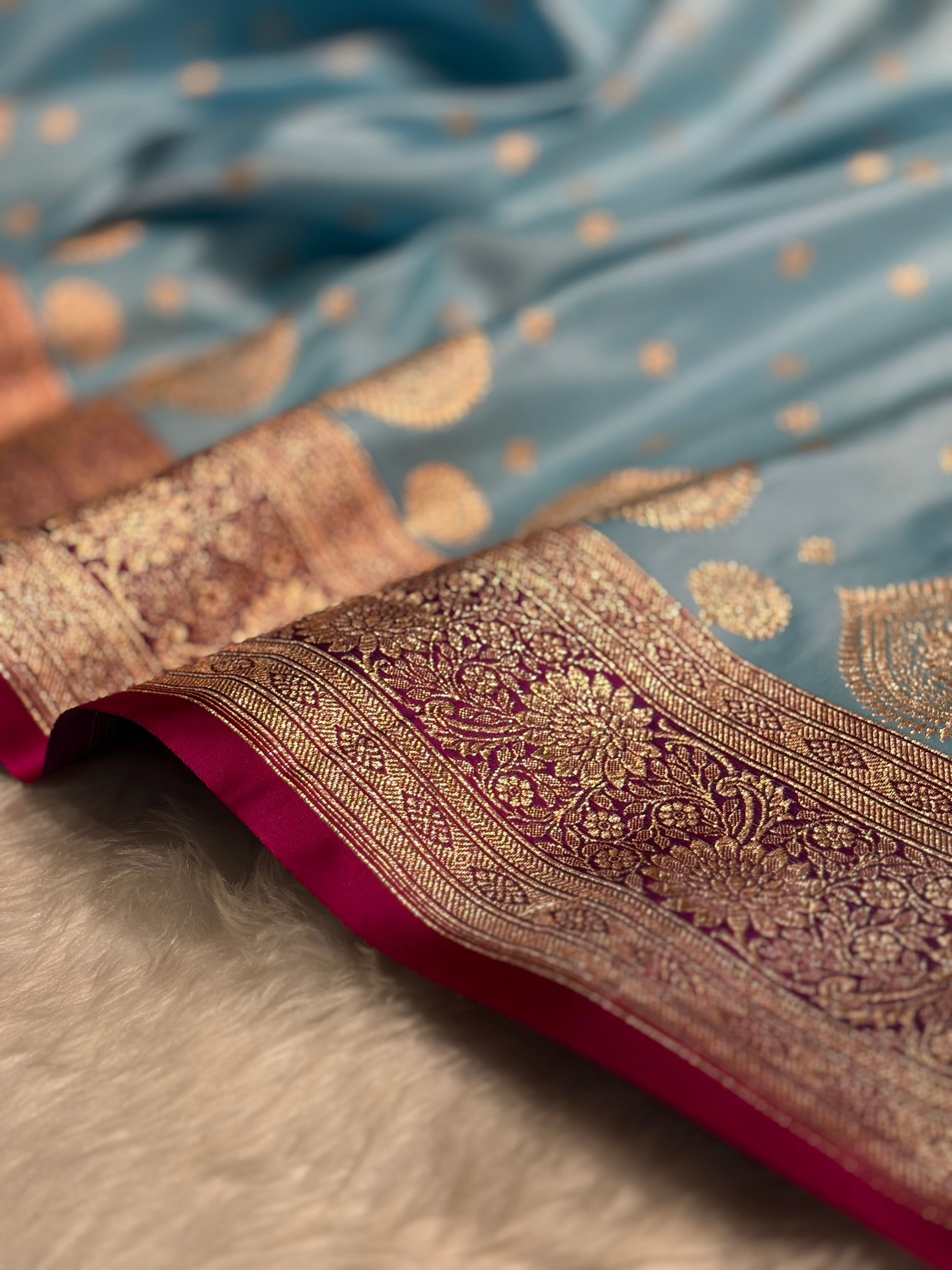 Sky blue with Rani Booti Satin Katan Silk saree SK29