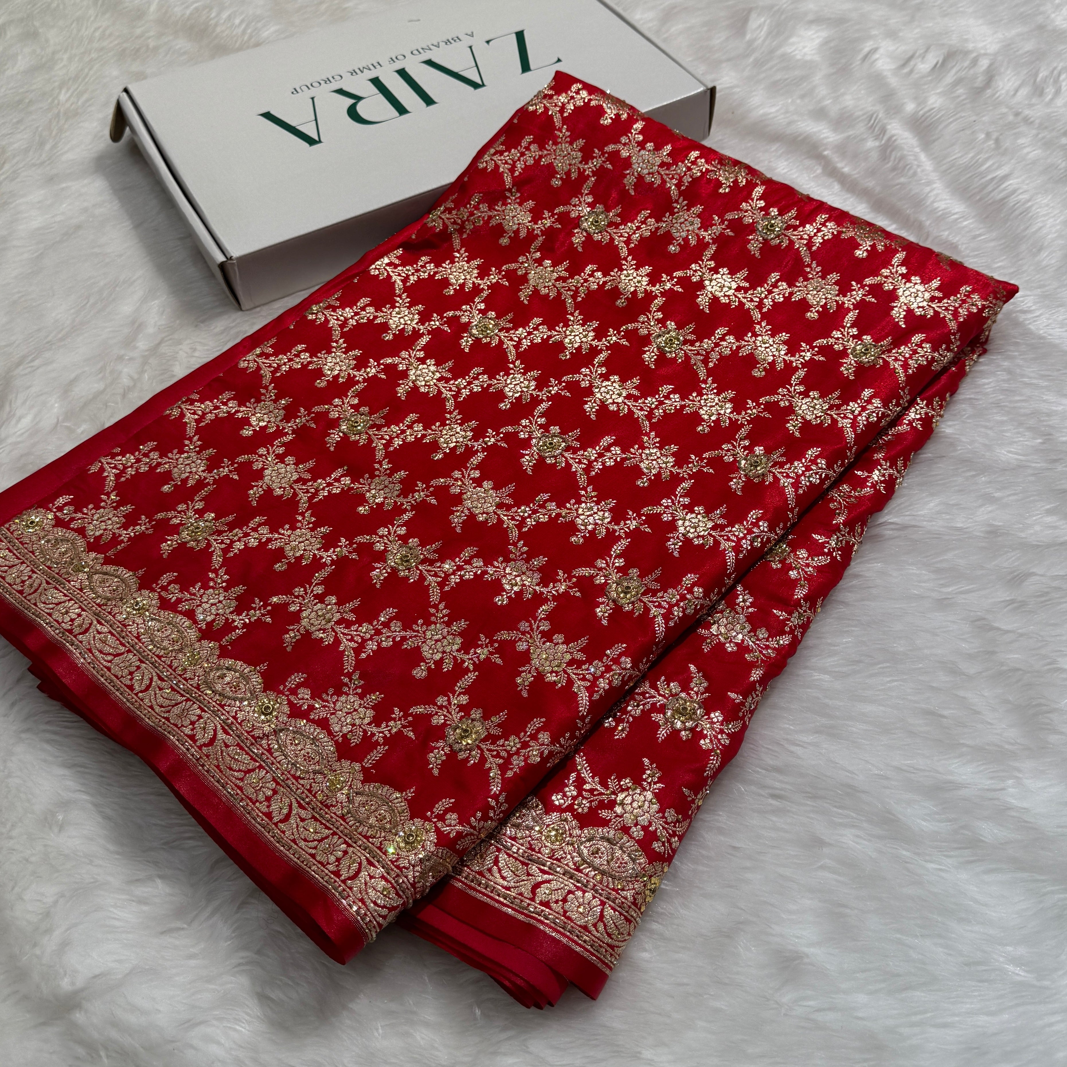 Bridal Red Jaal with Ari and Stone with brocade Blouse