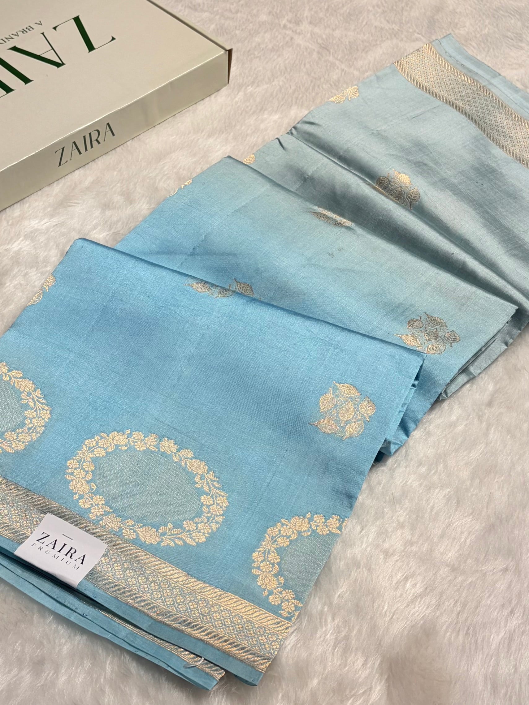 Ombré Powder Blue With Turquoise Shades Meena Boota Handwoven Raw Mango Silk RM-34