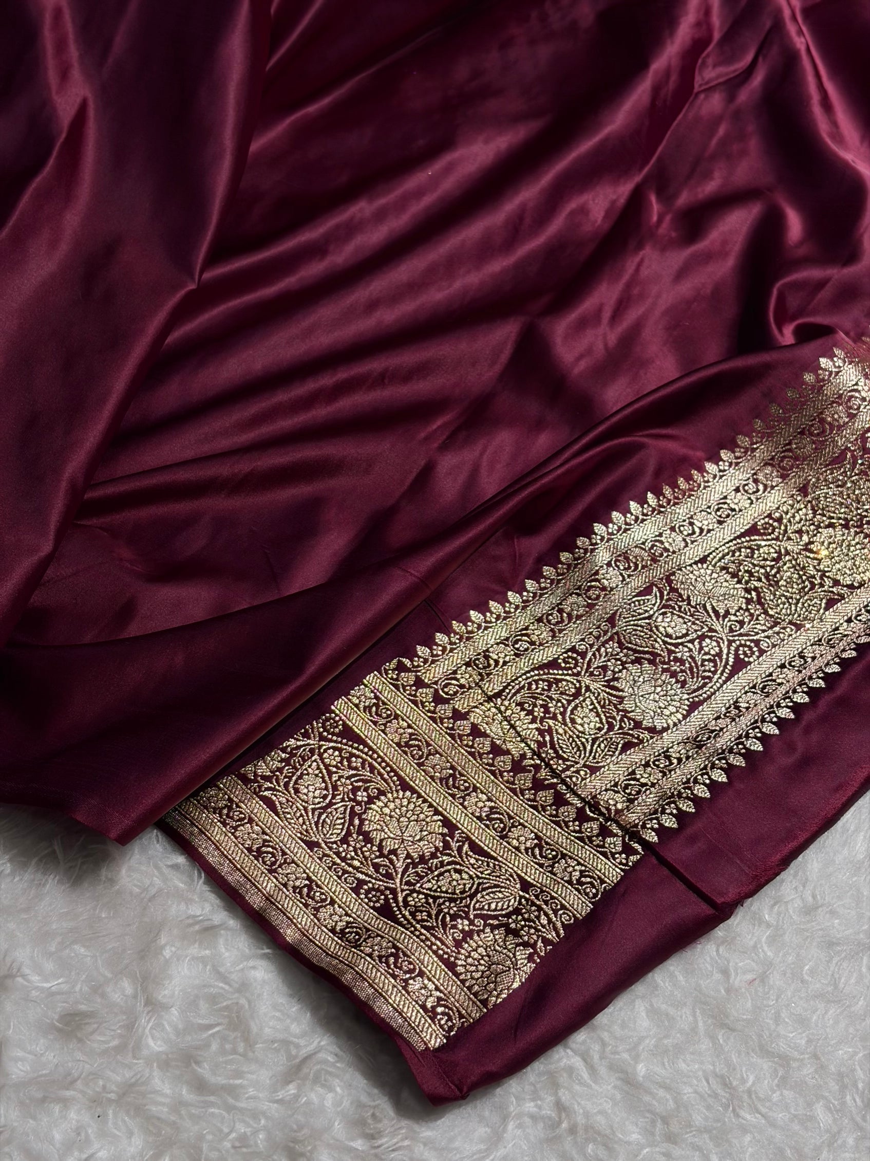 Banarasi Chocolate Booti Pattern With Ari Zardozi Stone Work Satin Katan Silk Saree BSK53