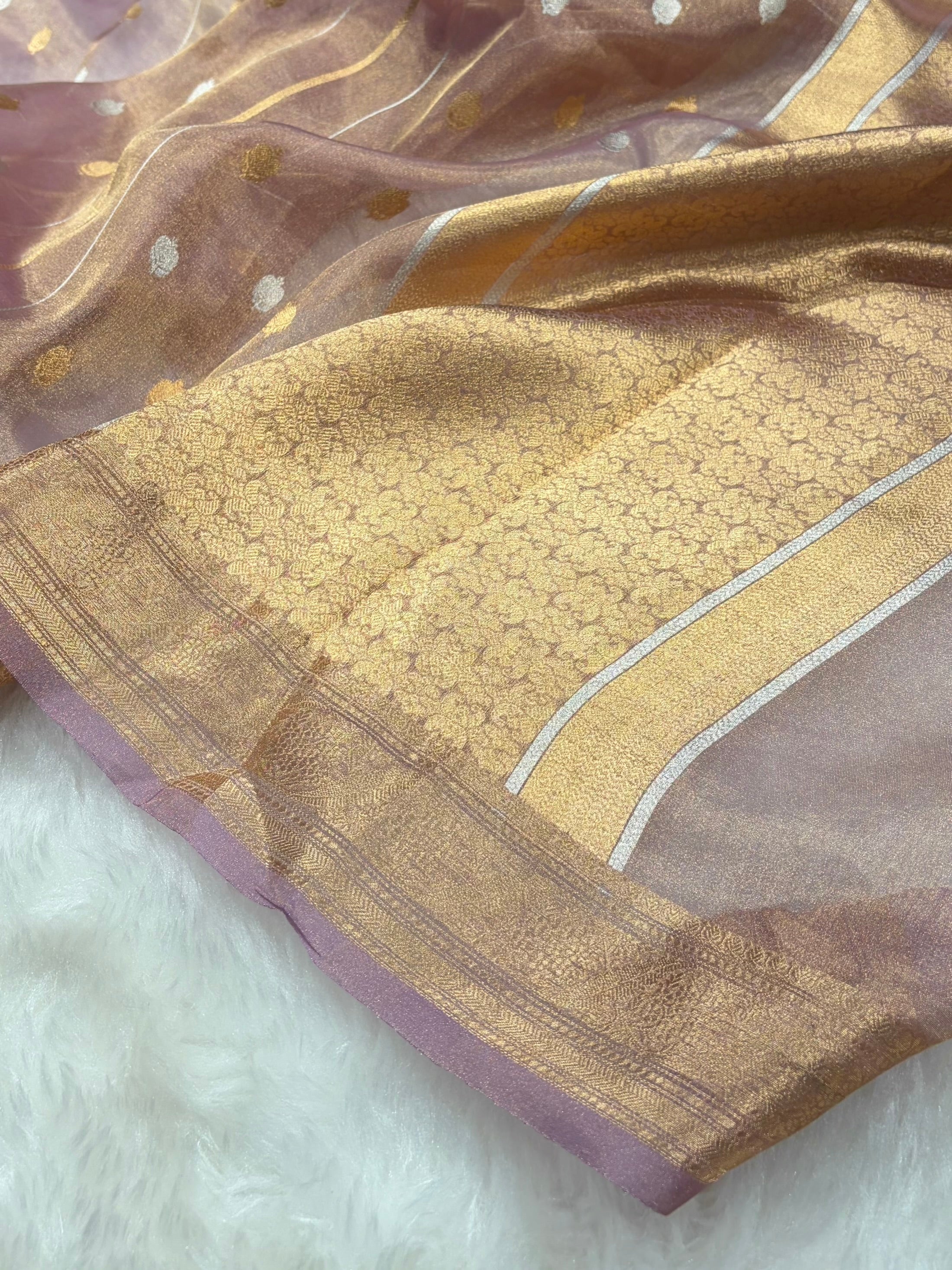 Pinkish Tusser Bananasi Floral Shades Pure Tissue Silk Saree PT-47