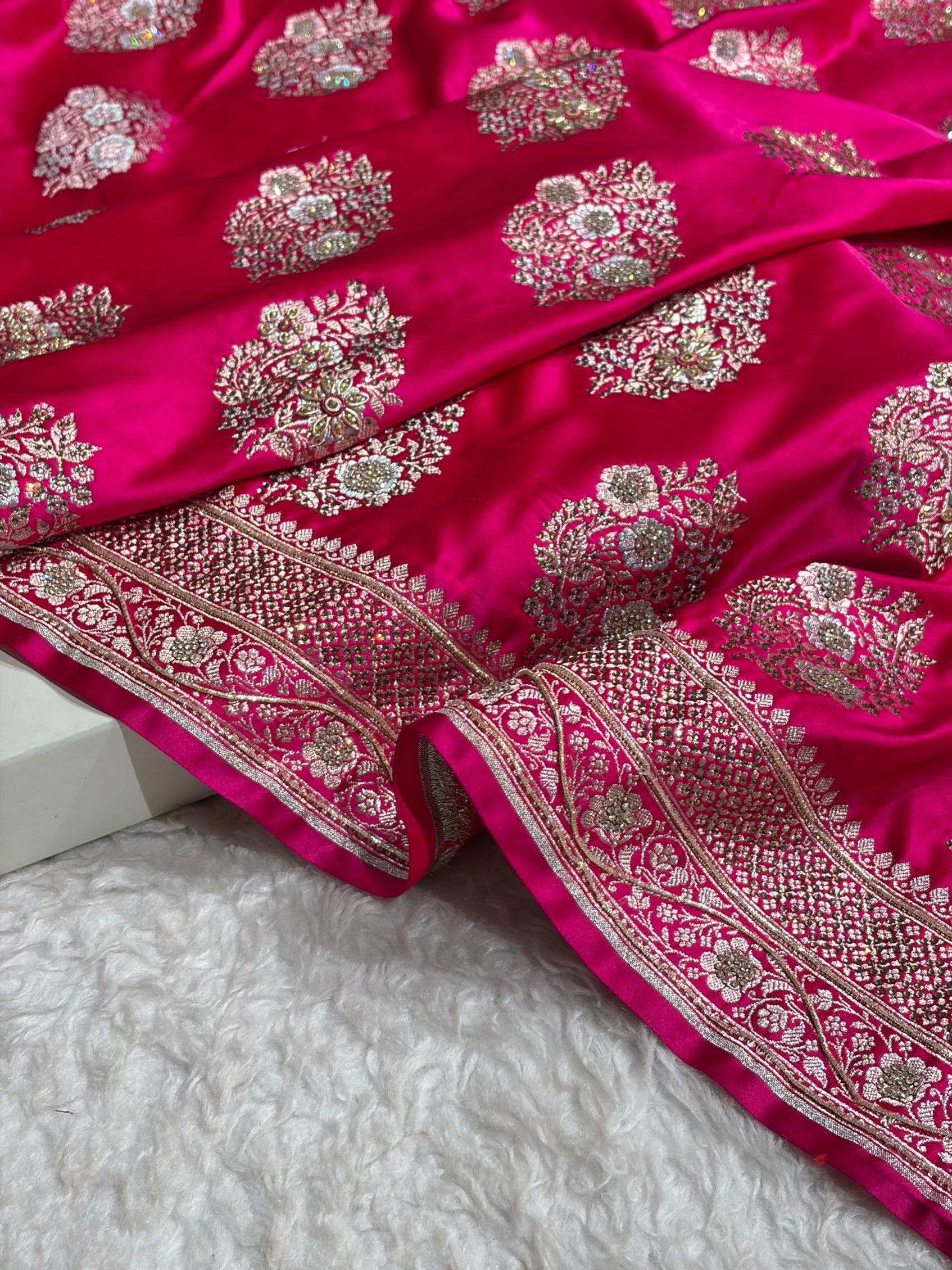 Premium Birdal Banarasi Satin Katan Saree With Swarovski Ari & Zardozi Work Minakari Boota in Rani Shades BSK93