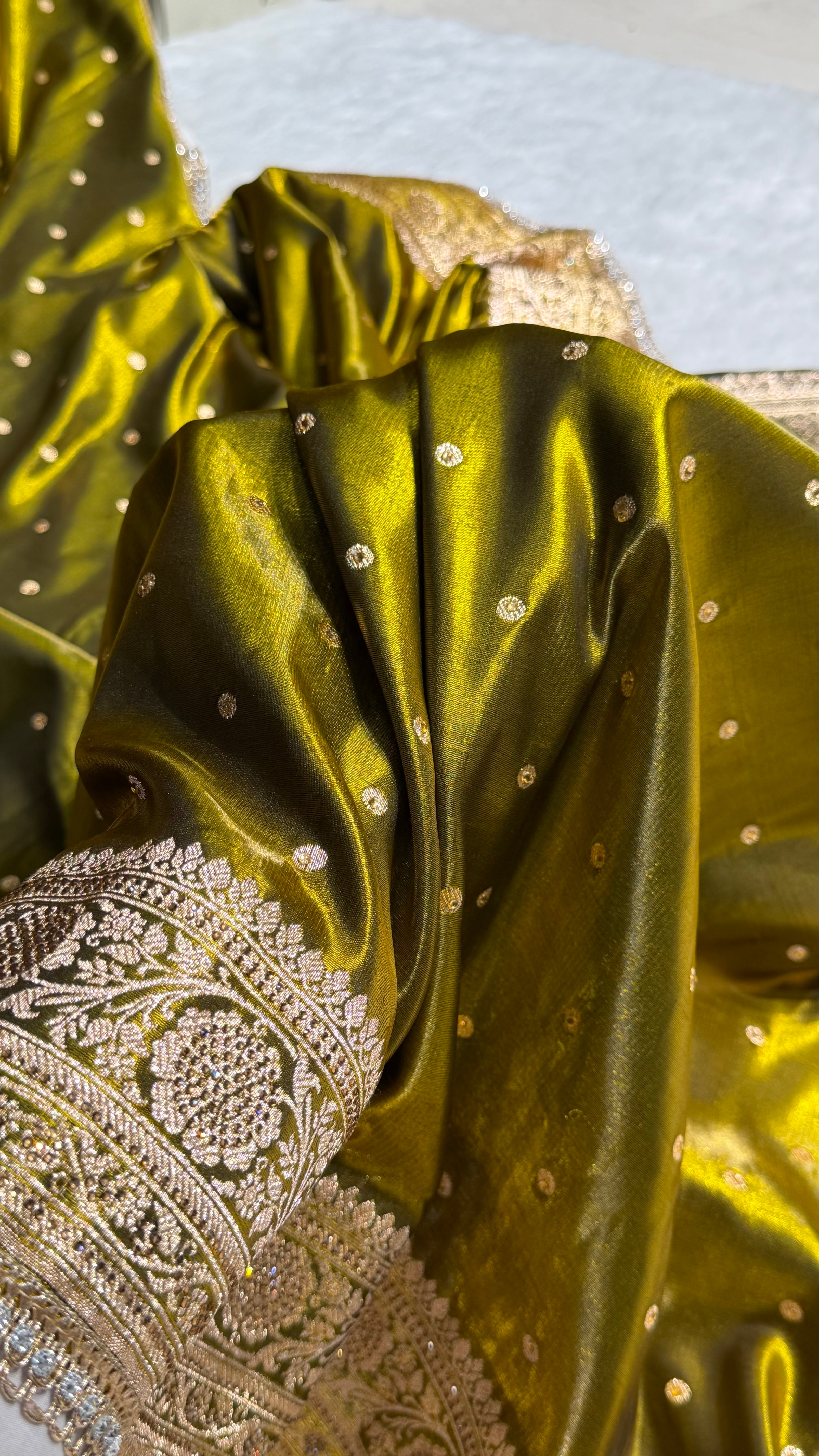 Satin Silk Dot Booti in Mehandi Shades with Swarovski work BSSGP08