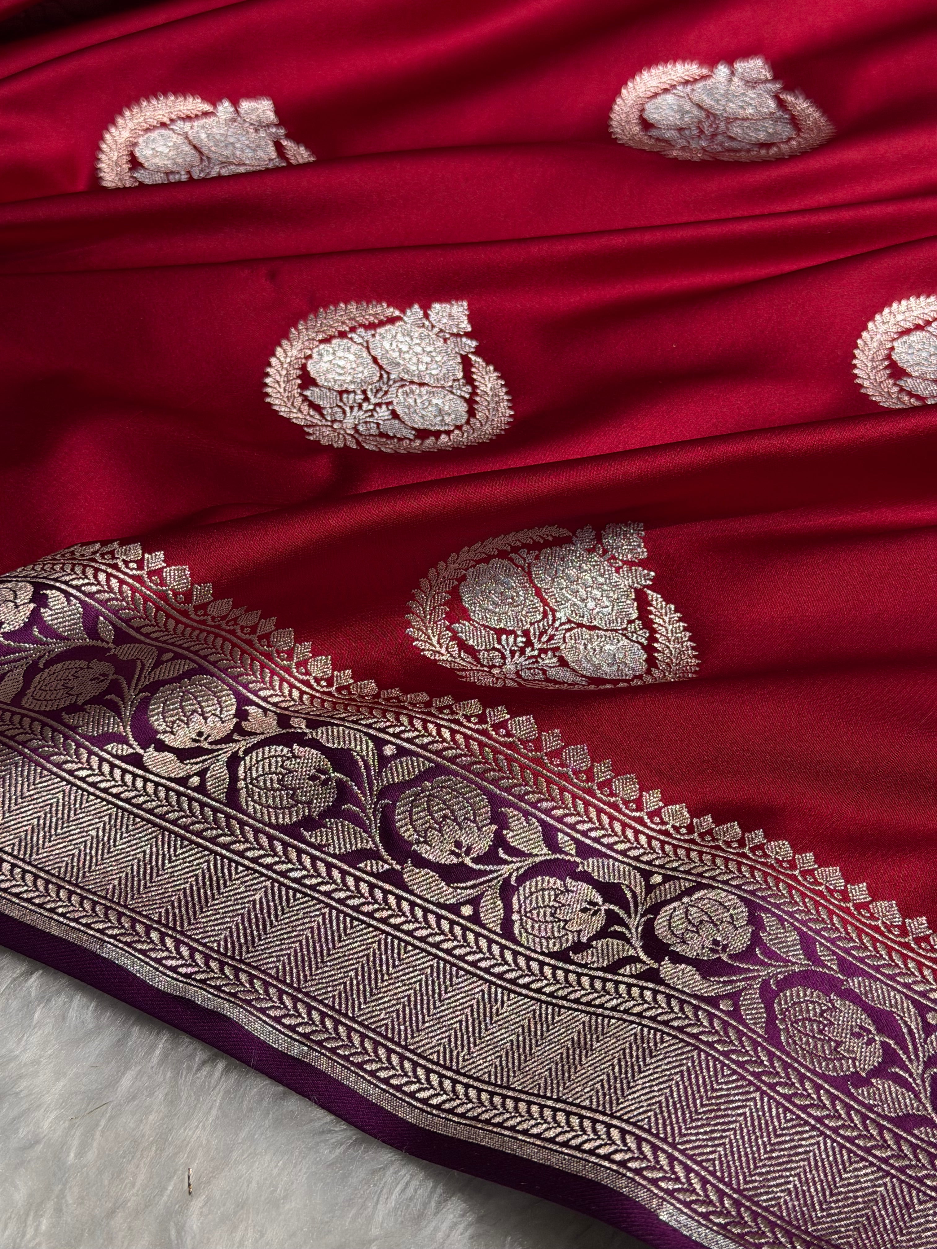 Banarasi Contrast Maroon With Wine Minakari Boota Mashru Silk Saree MS35
