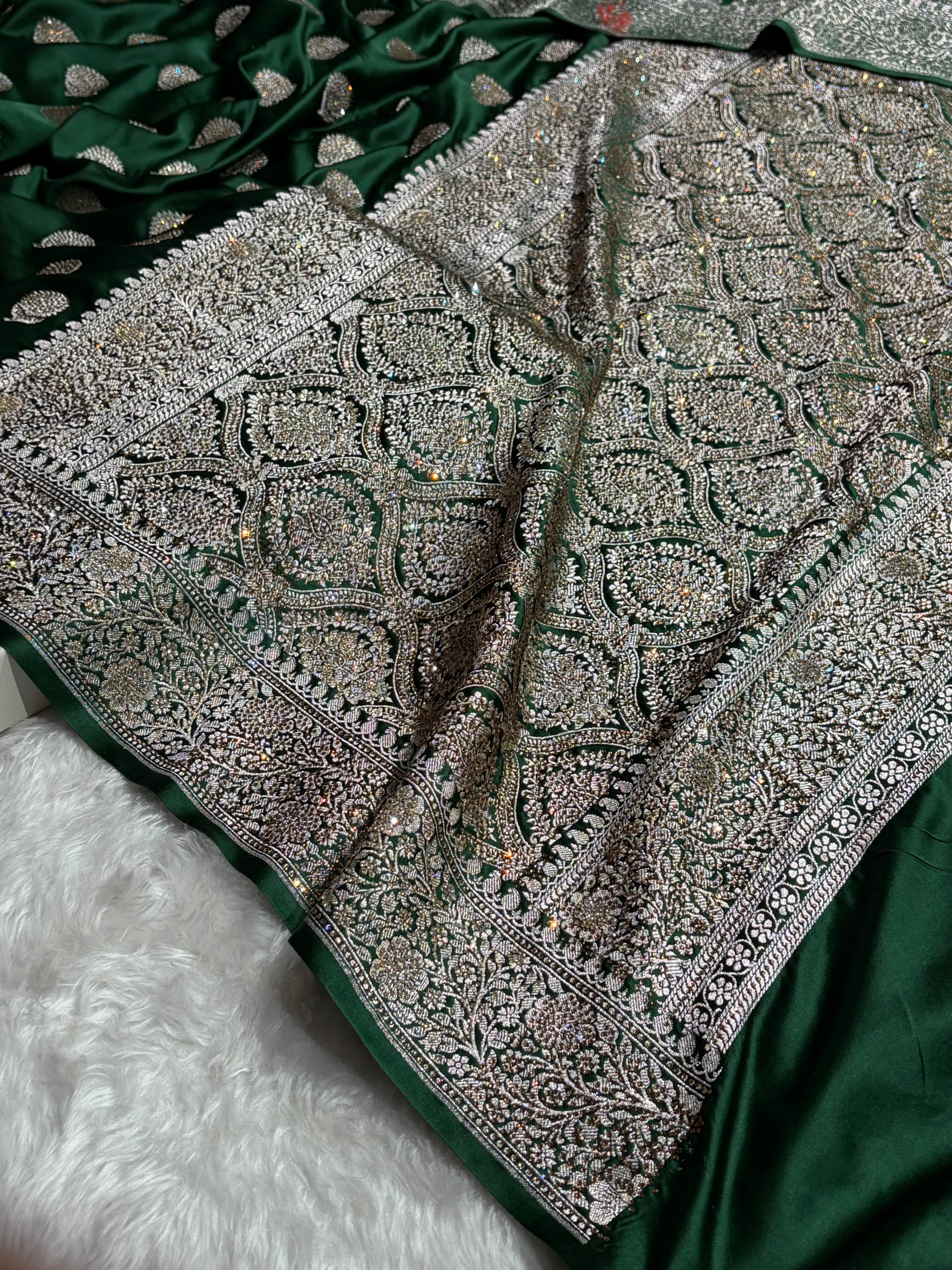 Bottle Green Tree Boota With Swarovski Work Mashru Silk Saree BMS19