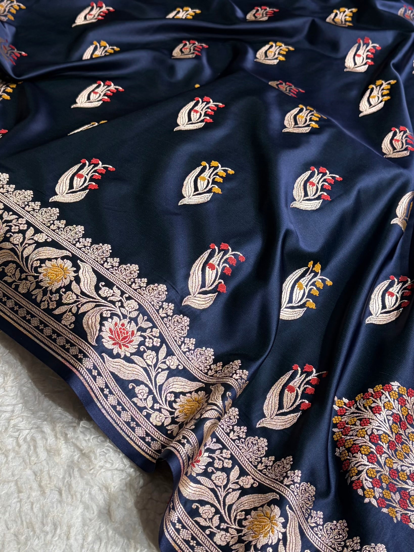 German Blue Shades Banarasi Boota Pattern Minakari Floral Mashru Silk Saree MSM-121