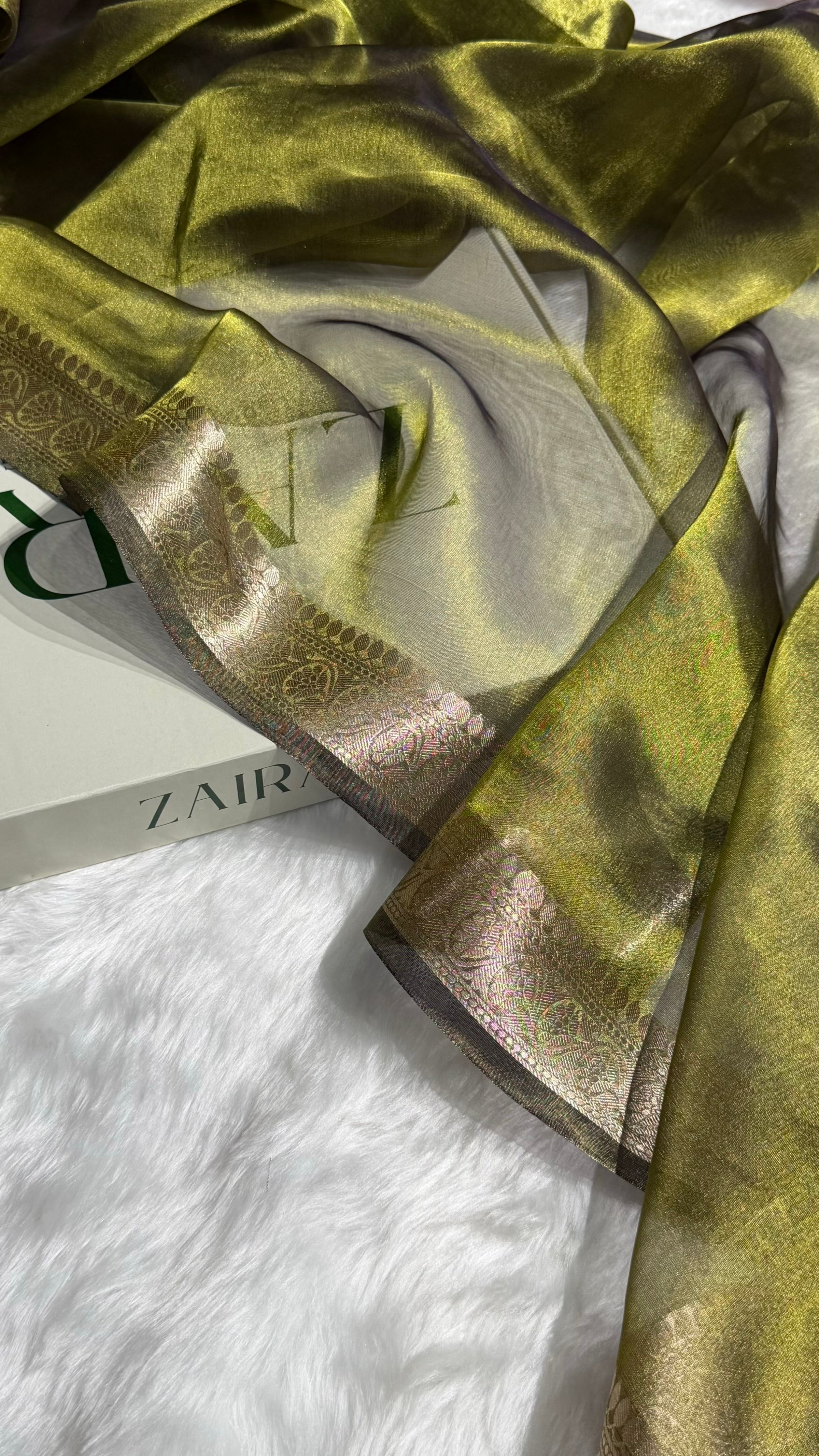 Dark Mehendi Shades Pure Tissue Silk Saree with Brocade Blouse PT-09