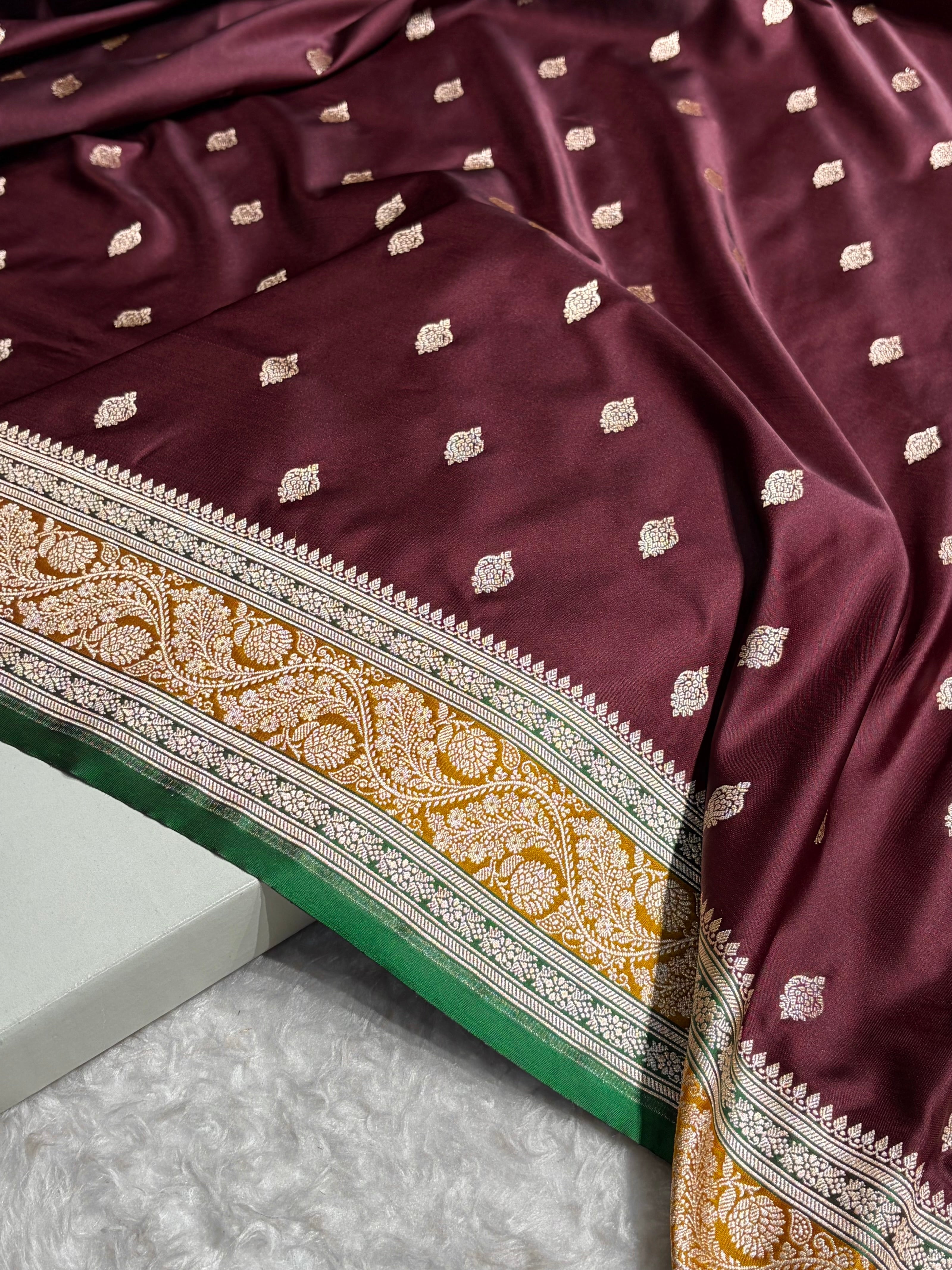 Banarasi Garnet With Contrast Mustard Floral Border Mashru Silk Saree MSM-101