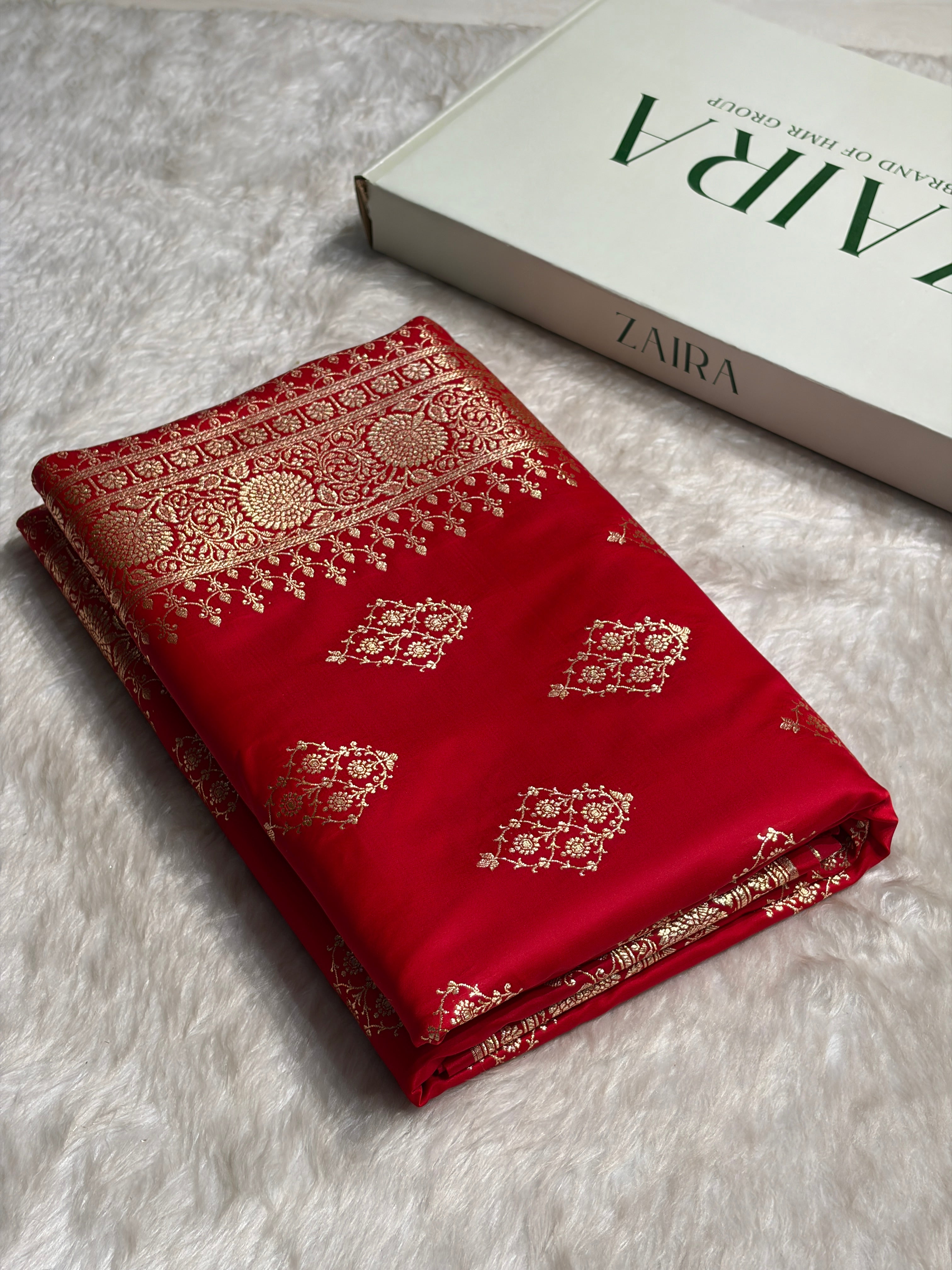 Red Floral Boota Satin Katan Silk saree SK35