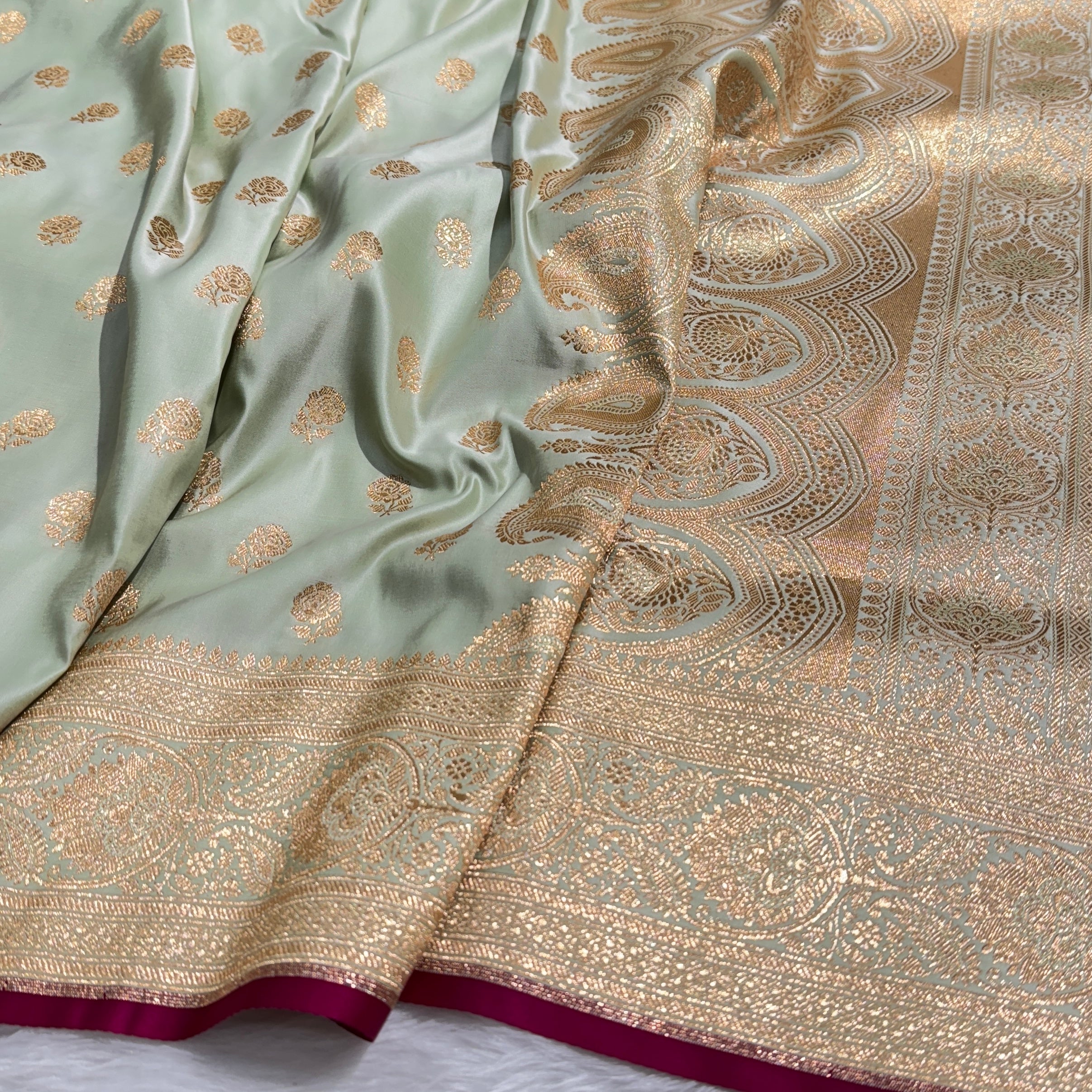 Floral boota Satin katan Silk Saree In light Pista Shades SK12
