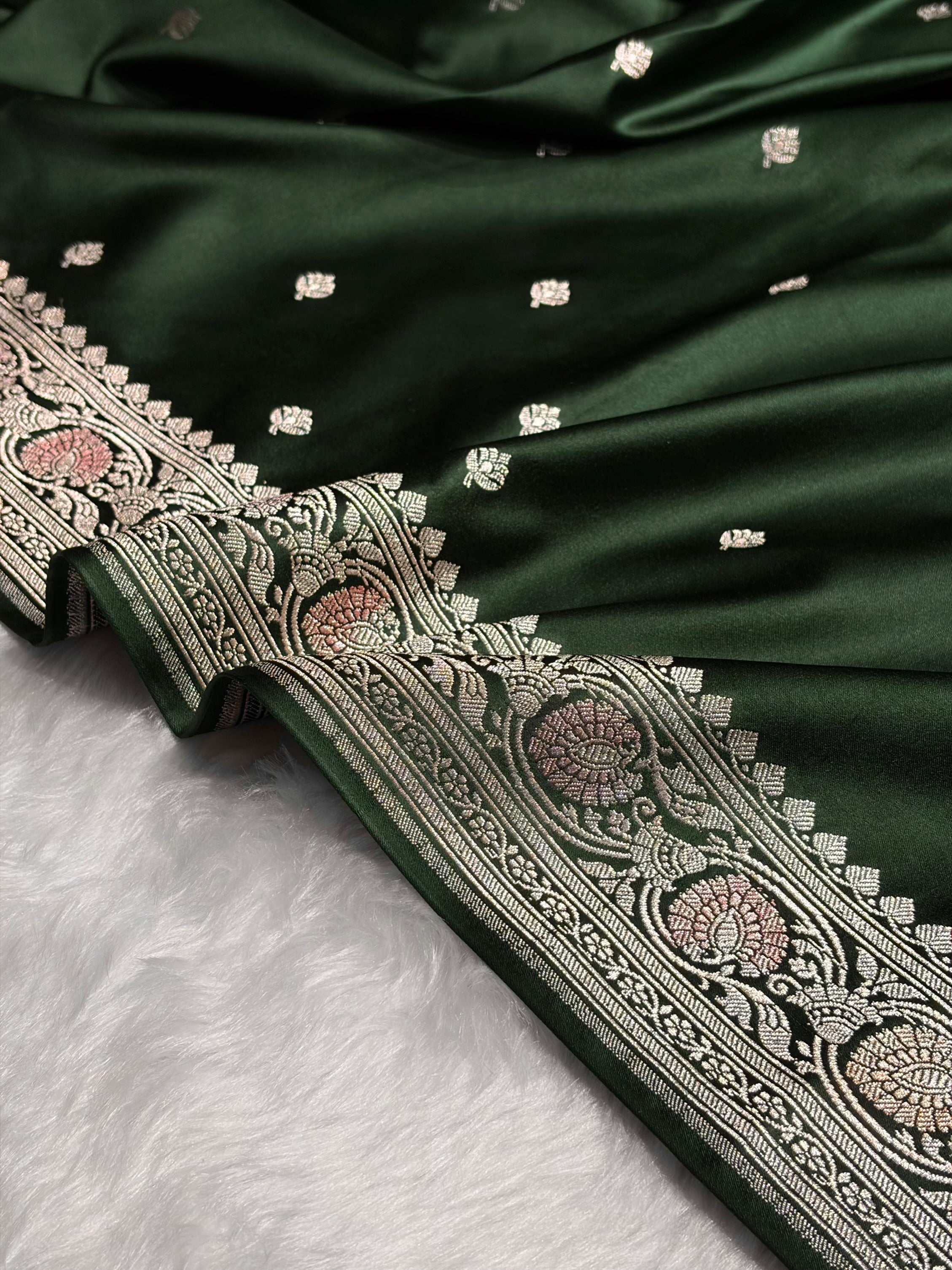 Banarasi Dark Bottle Green Minakari Booti Mashru Silk Saree MS10