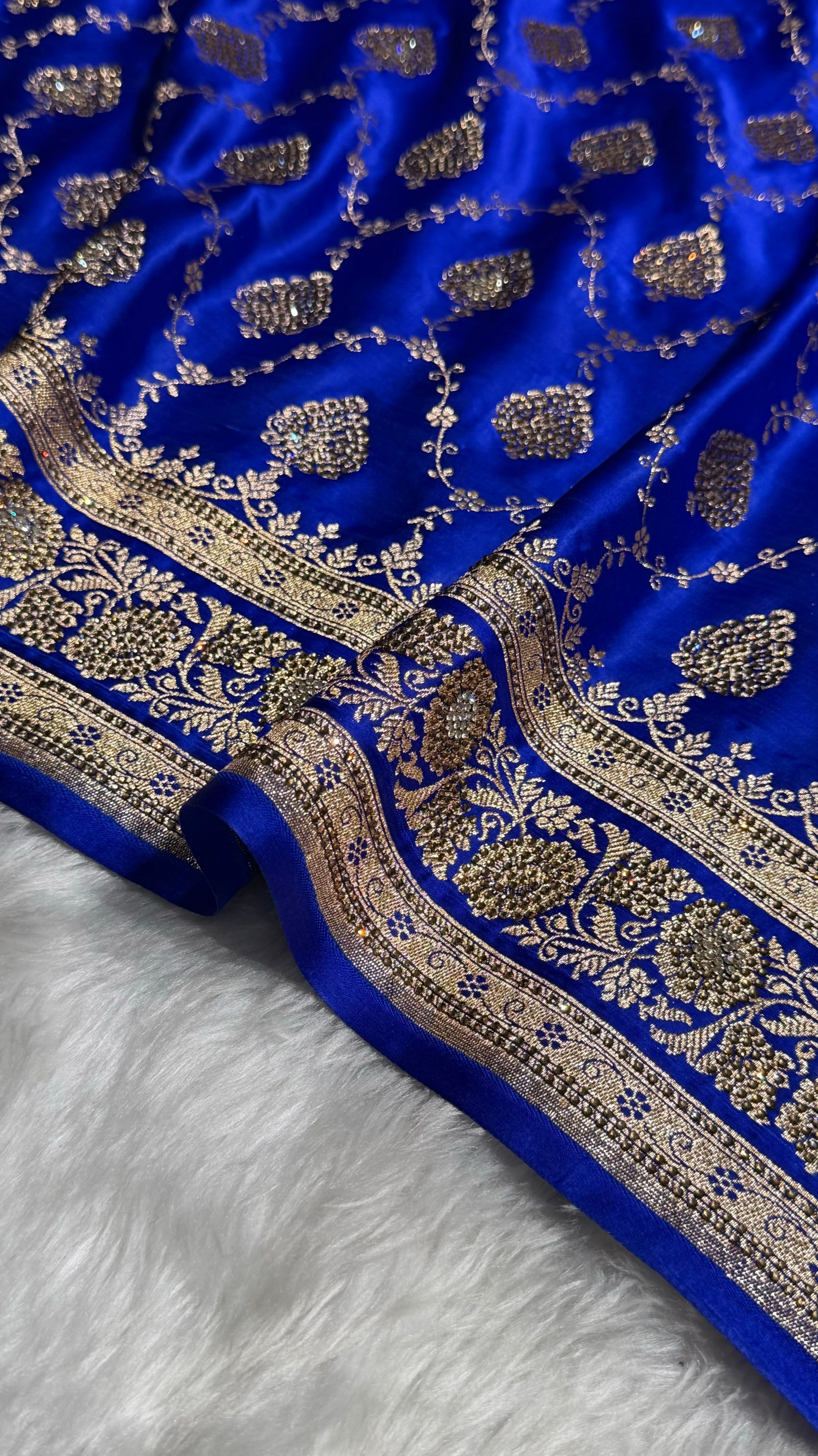 Royal Blue Floral Jaal Pattern Satin Katan Silk saree BSK42