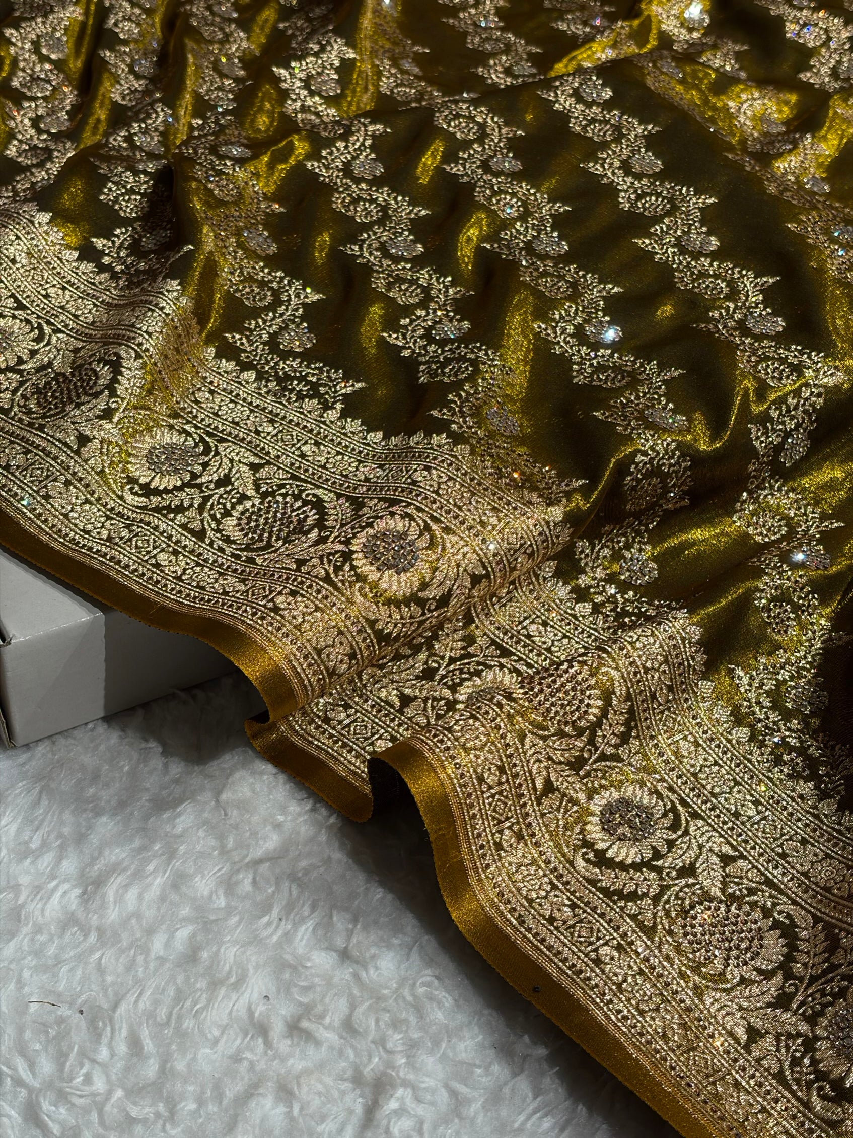 Banarasi Bridal Mehendi Shades With Swarovski Stone and White Stone Work Satin Silk Saree BSS32