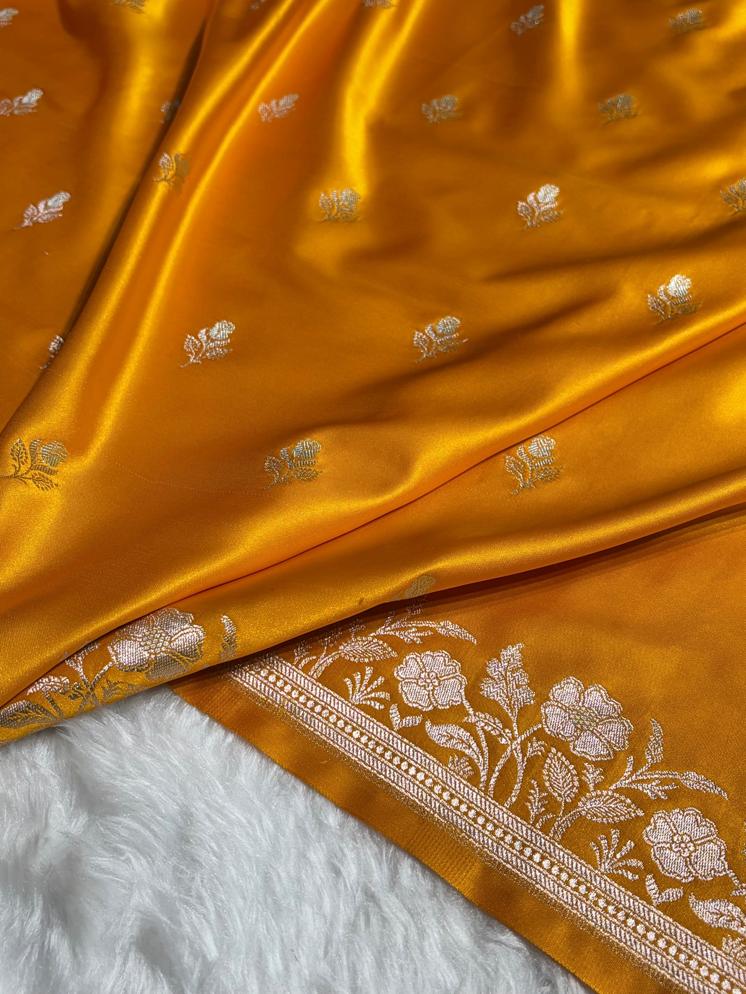 Mustard Yellow Blue Boota With Floral Border Mashru Silk Saree MSM-85