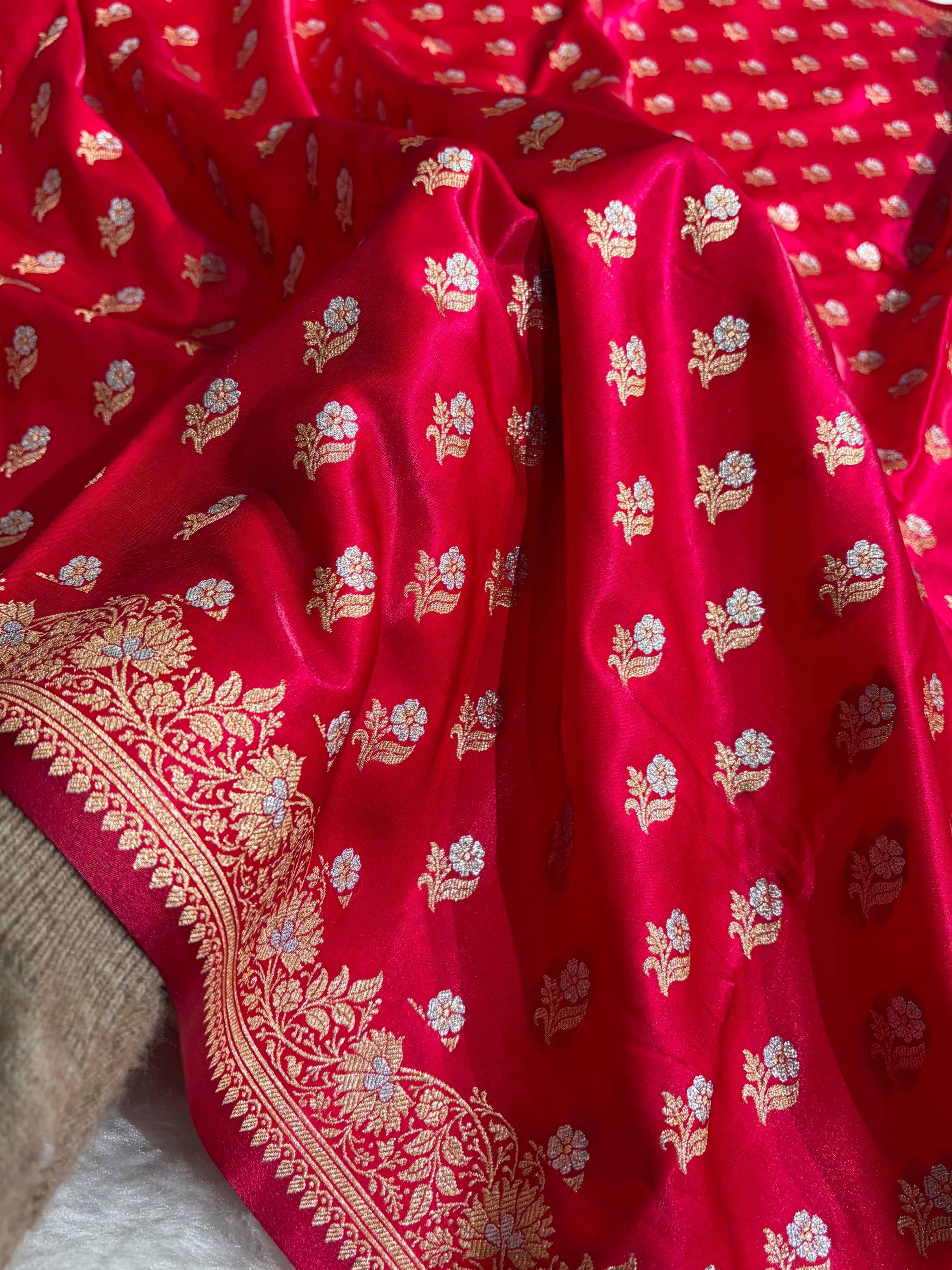 Banarasi Satin Silk Meena Boota in Red Shades SS38