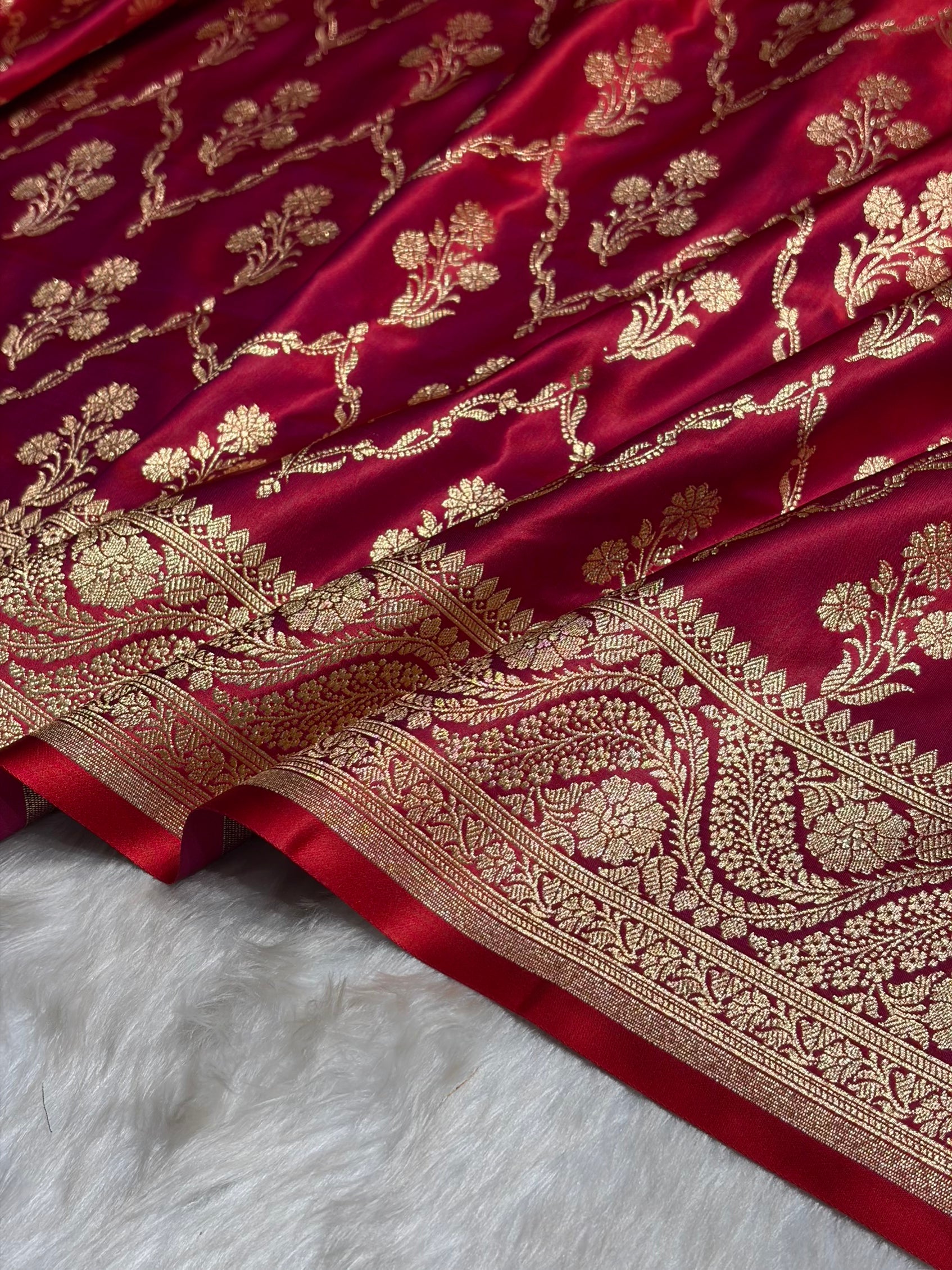 Megentic Red Cross with Boota Pattern Satin Katan Silk Saree SK67
