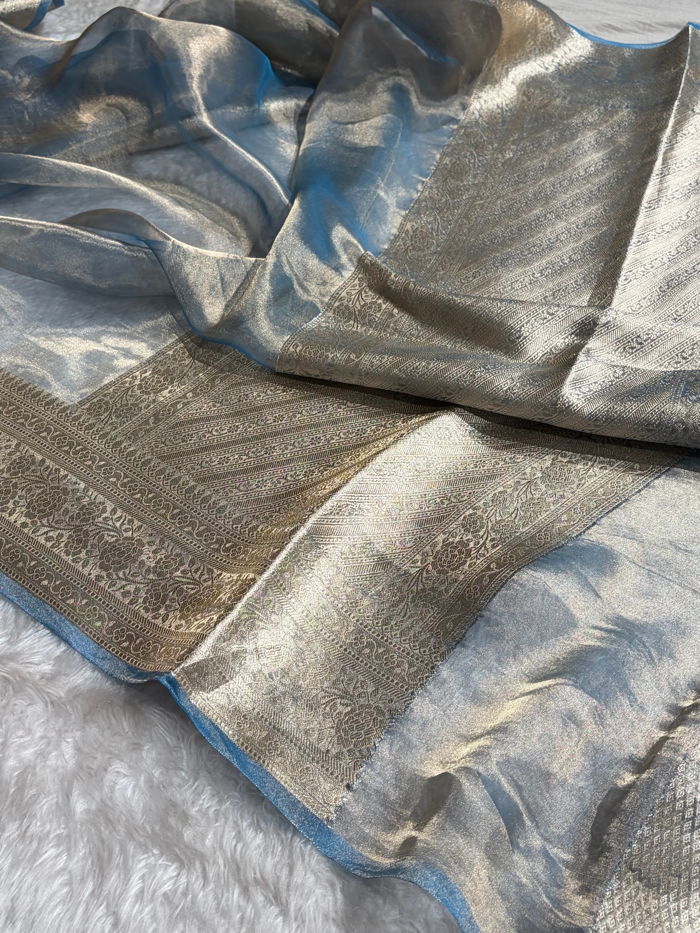 Pastel Blue Shades Pure Tissue Silk Saree with Brocade Blouse PT-08