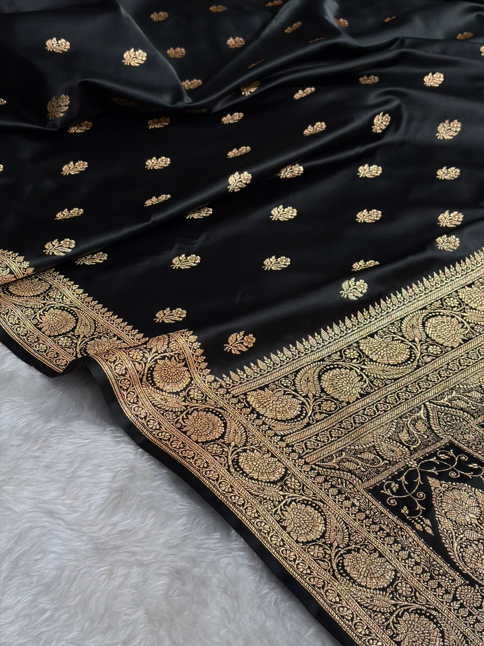 Black Floral Boota Pattern Satin Katan Silk Saree SK71