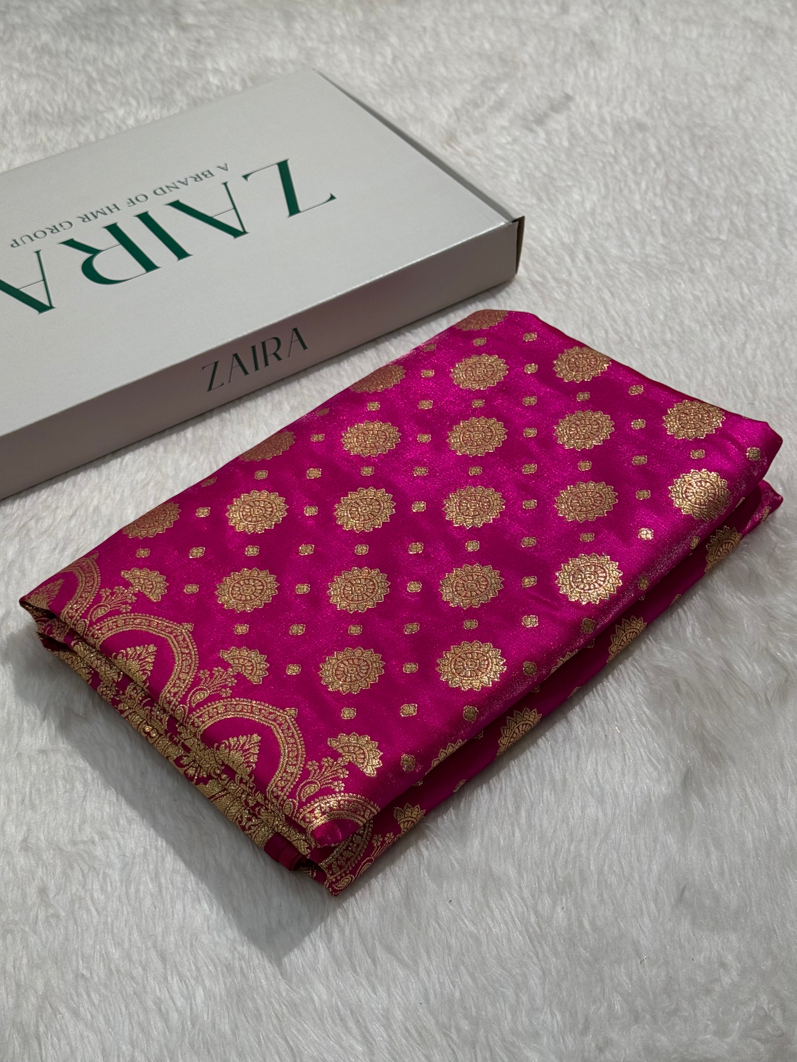 Satin Silk Booti Boota in Rani Shades