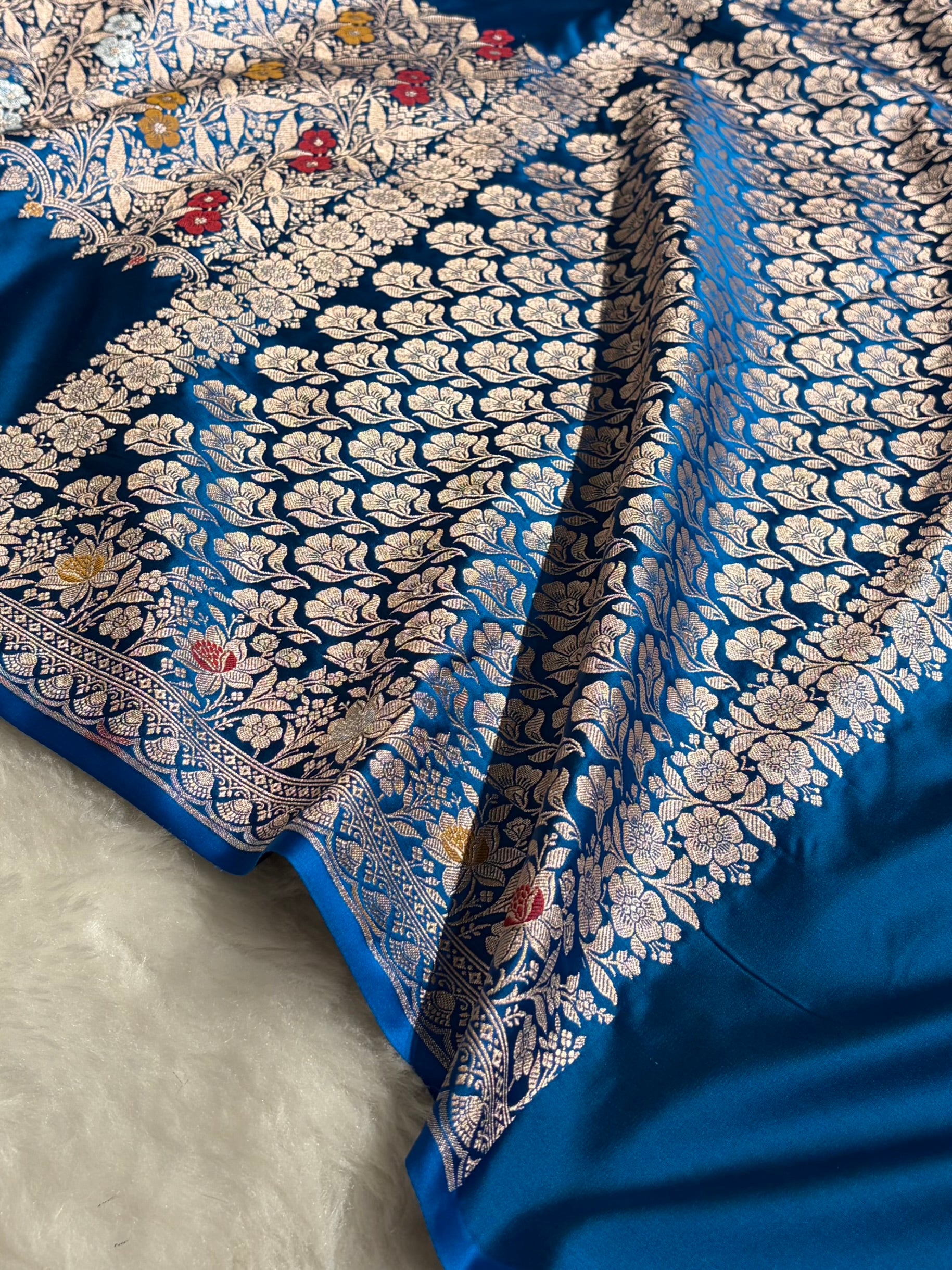 German Blue Shades Banarasi Minakari Boota Skirt Pattern Floral Mashru Silk Saree MSM-116