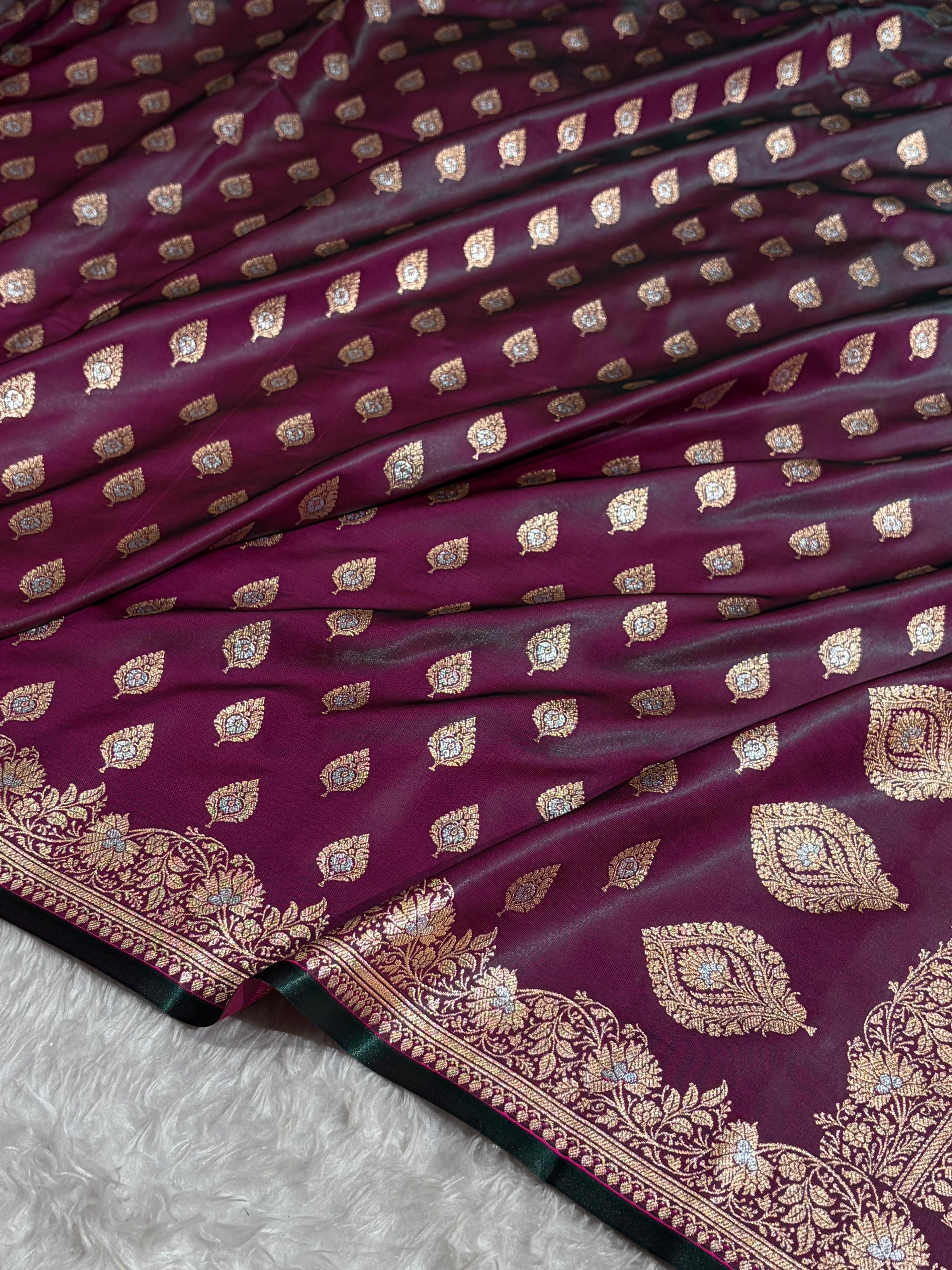 Banarasi Cross Wine Shades Minakari Booti Pattern Banarasi Satin Silk Saree SS60