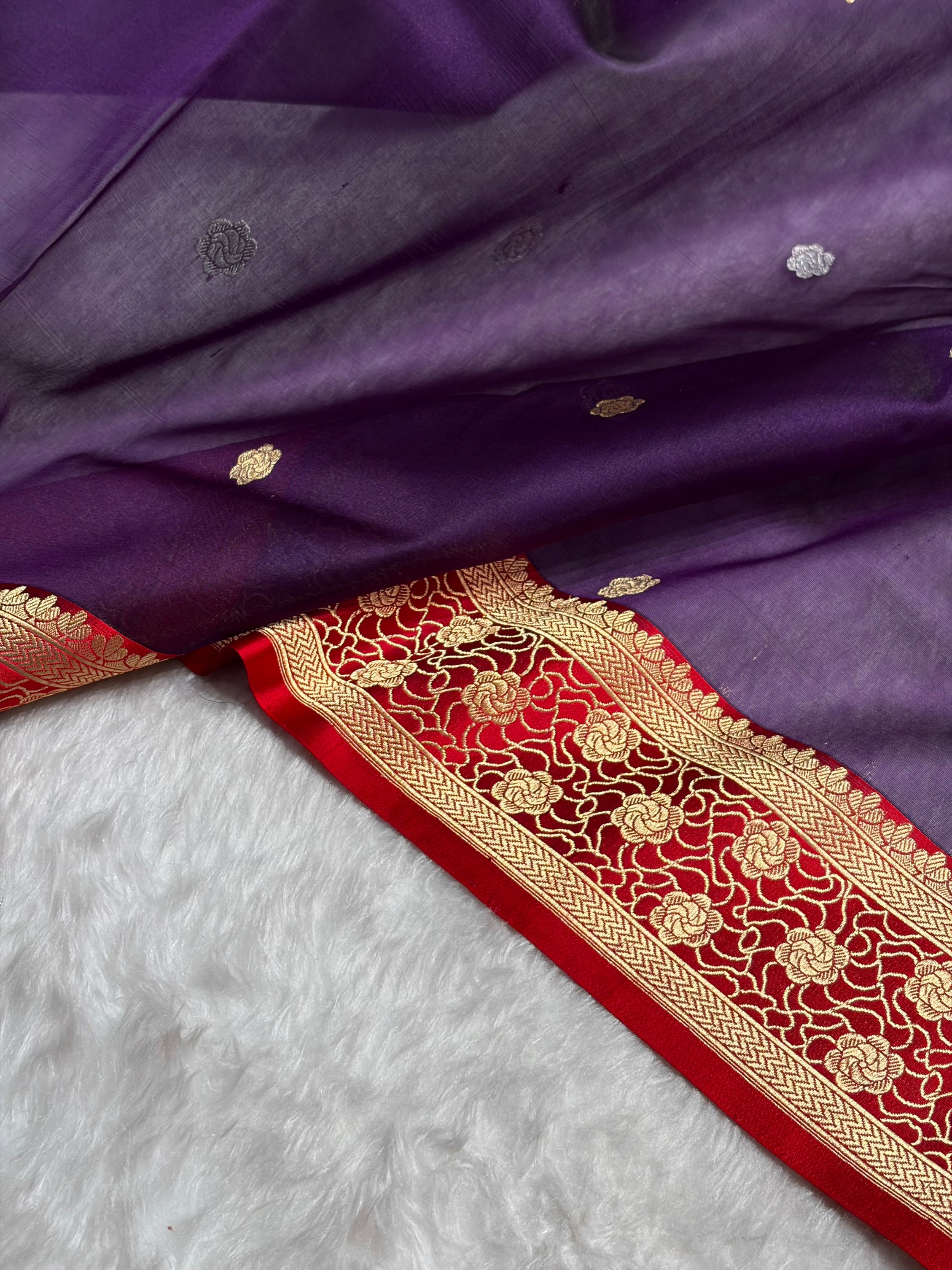 Contrast Banarasi Pure Organza Purple With Red Floral Banarasi Silk Saree PO-10