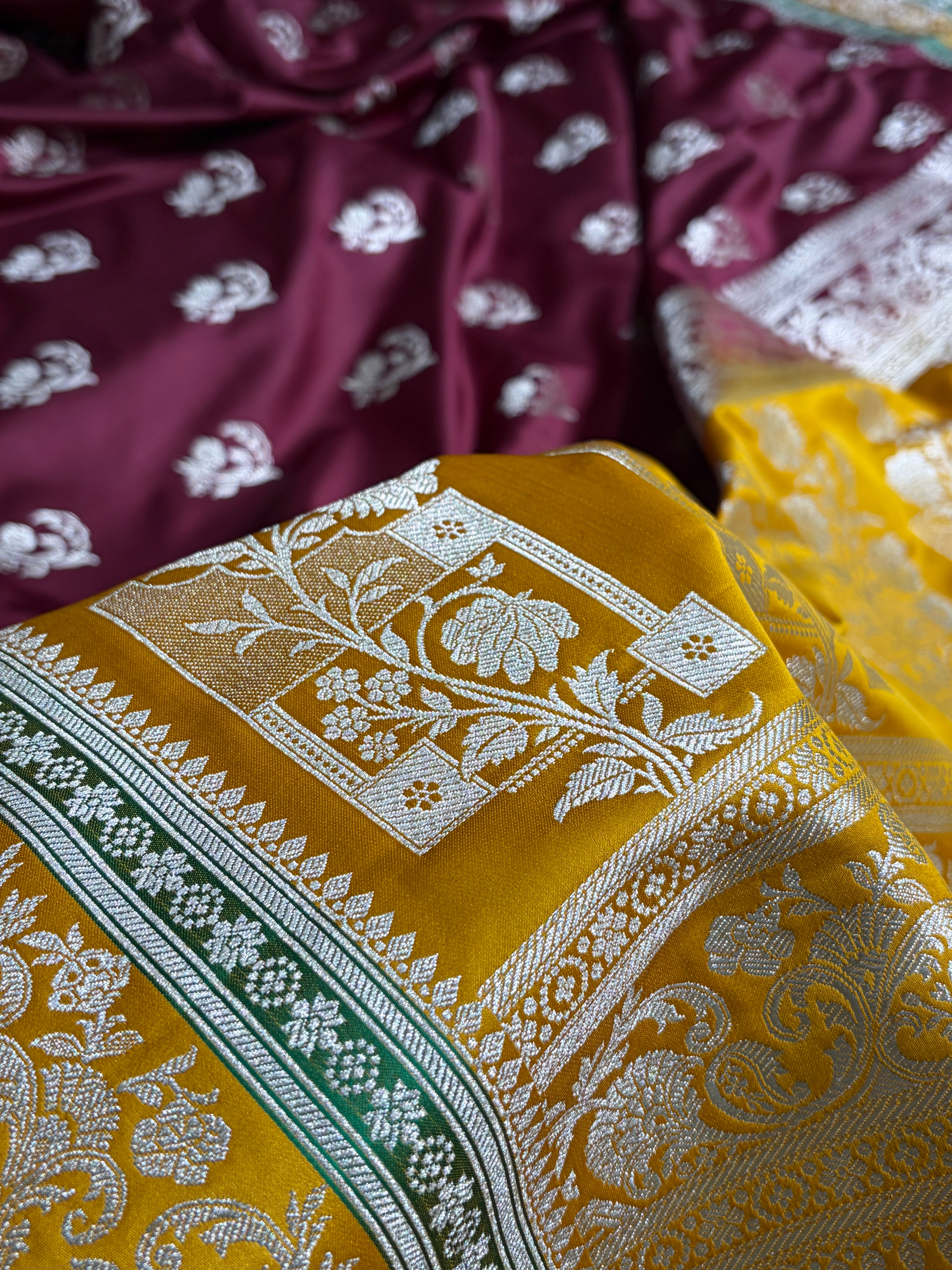 Banarasi Chocolate With Contrast Mustard Floral Border Mashru Silk Saree MSM-100