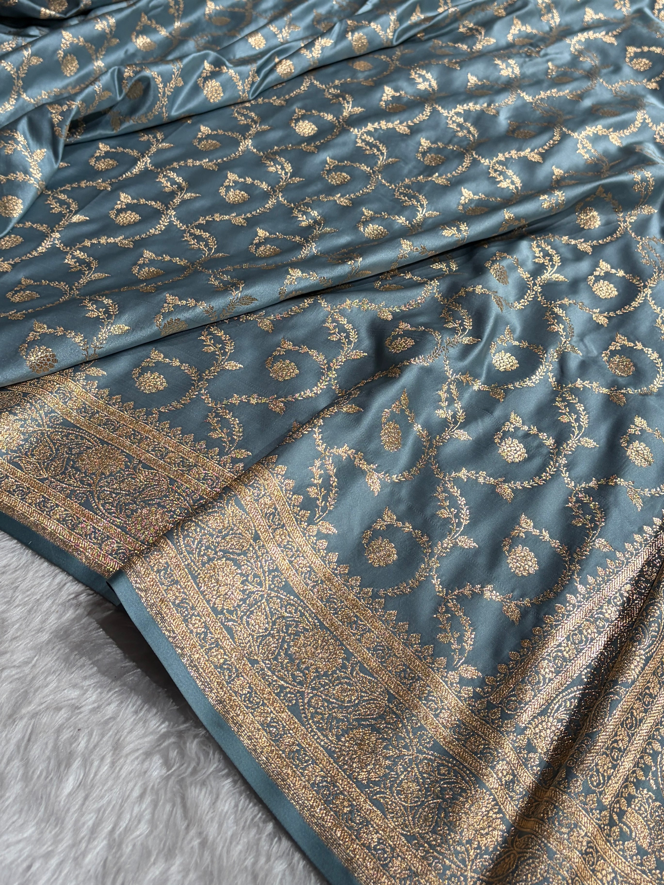 Powder Blue Shades Floral Jaal Pattern Satin Katan Silk saree SK55