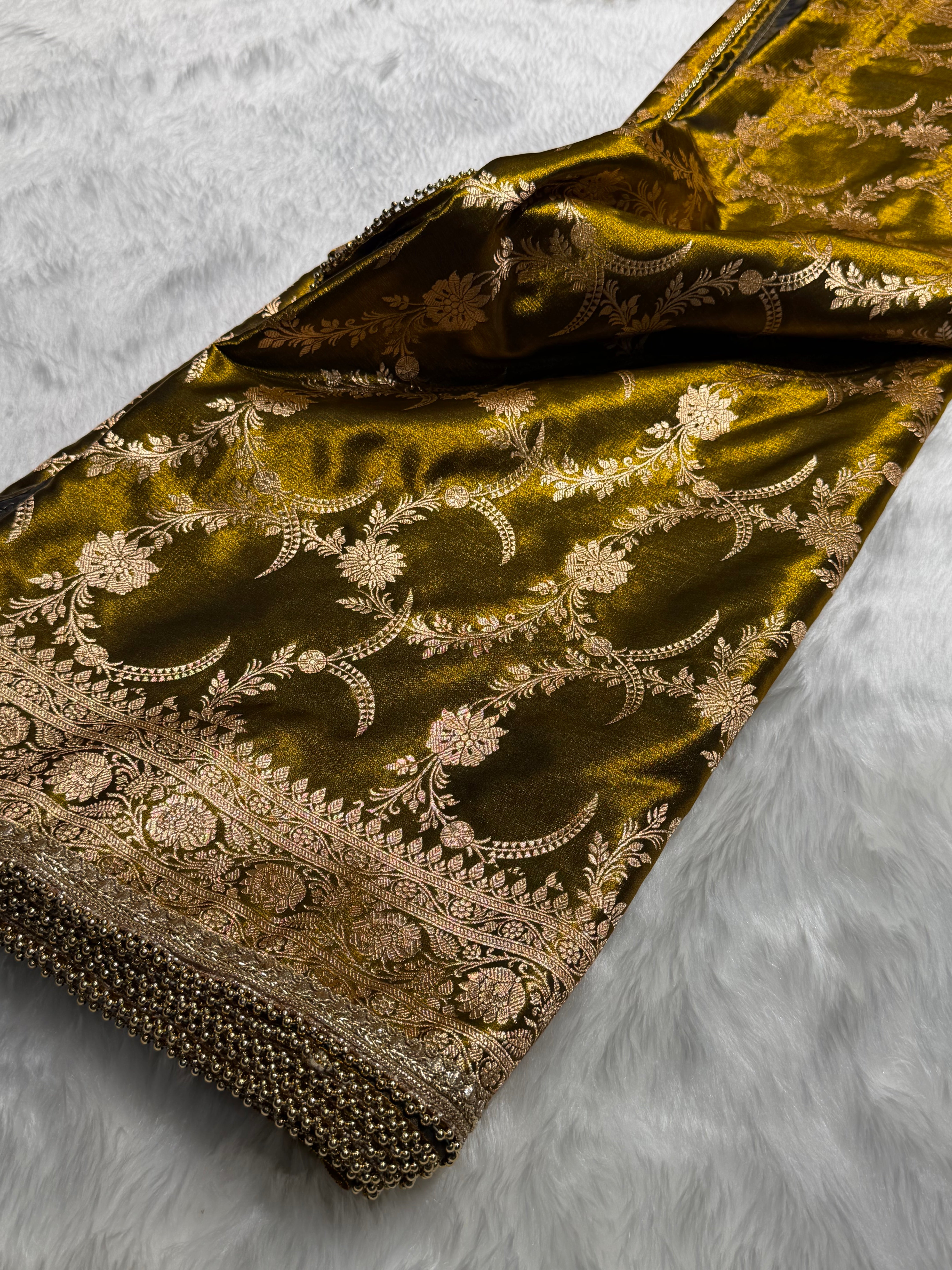 Satin Silk Banarasi Jaal In Mehandi Shades with Gota Patti SSGP18