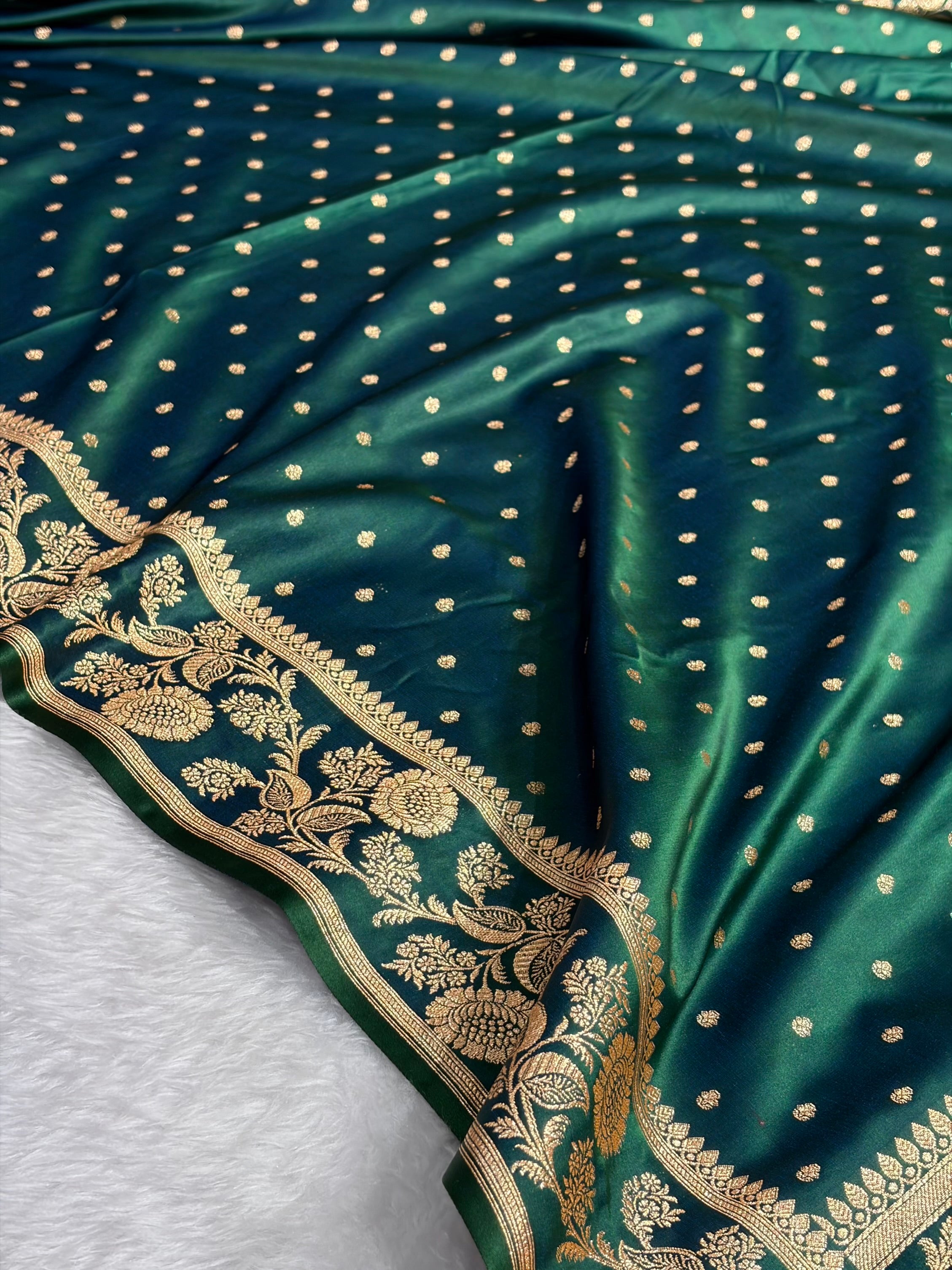 Banarasi Satin Katan Saree With Boota in Cross Green Shades SK107