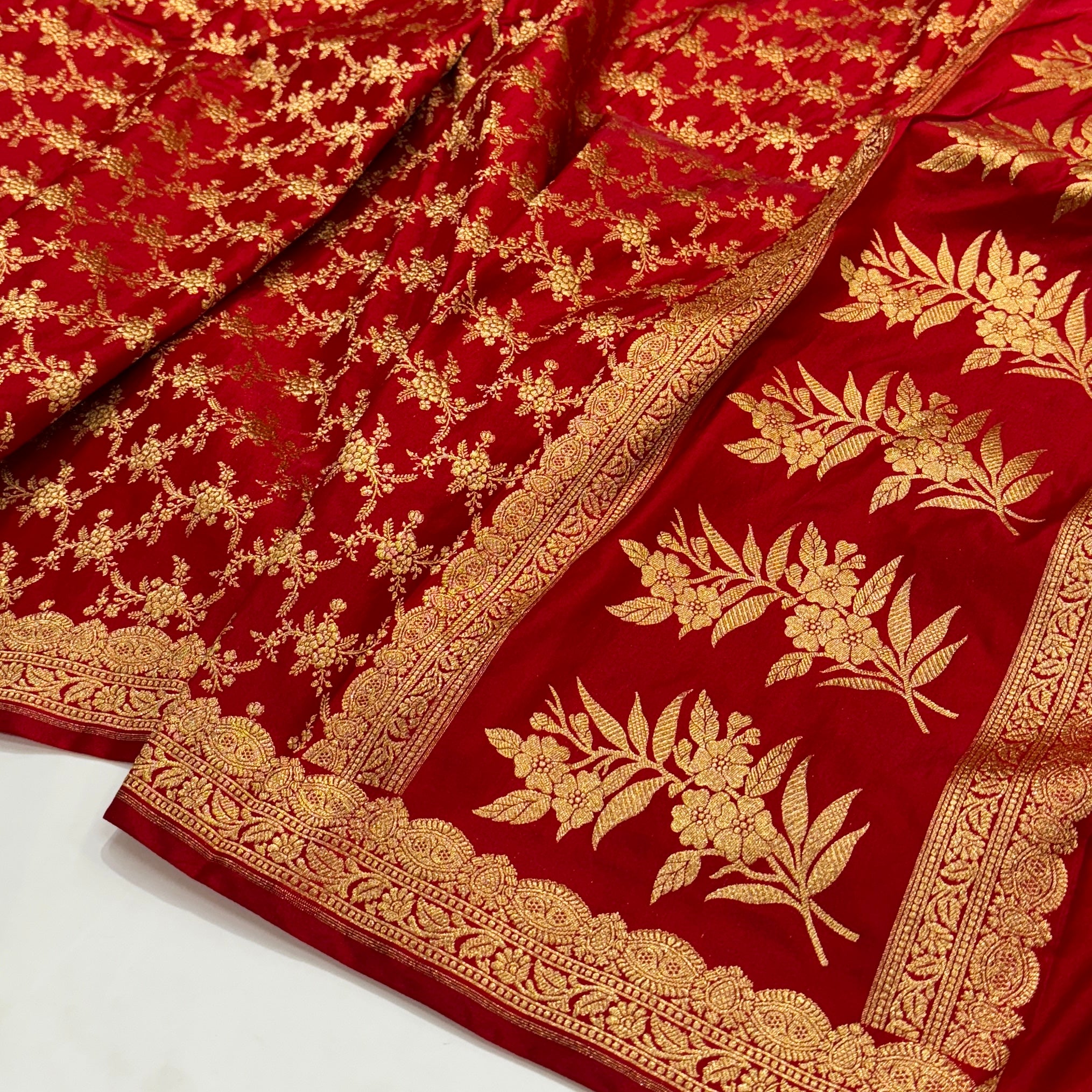 Light Wight Satin Silk Jaal in Red Shades with brocade Blouse SS16