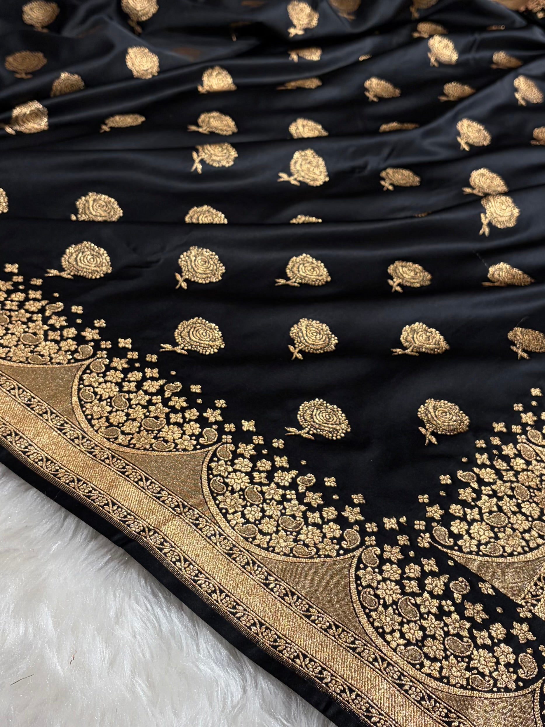 Banarasi Satin Katan Saree With Boota in Black Shades SK111