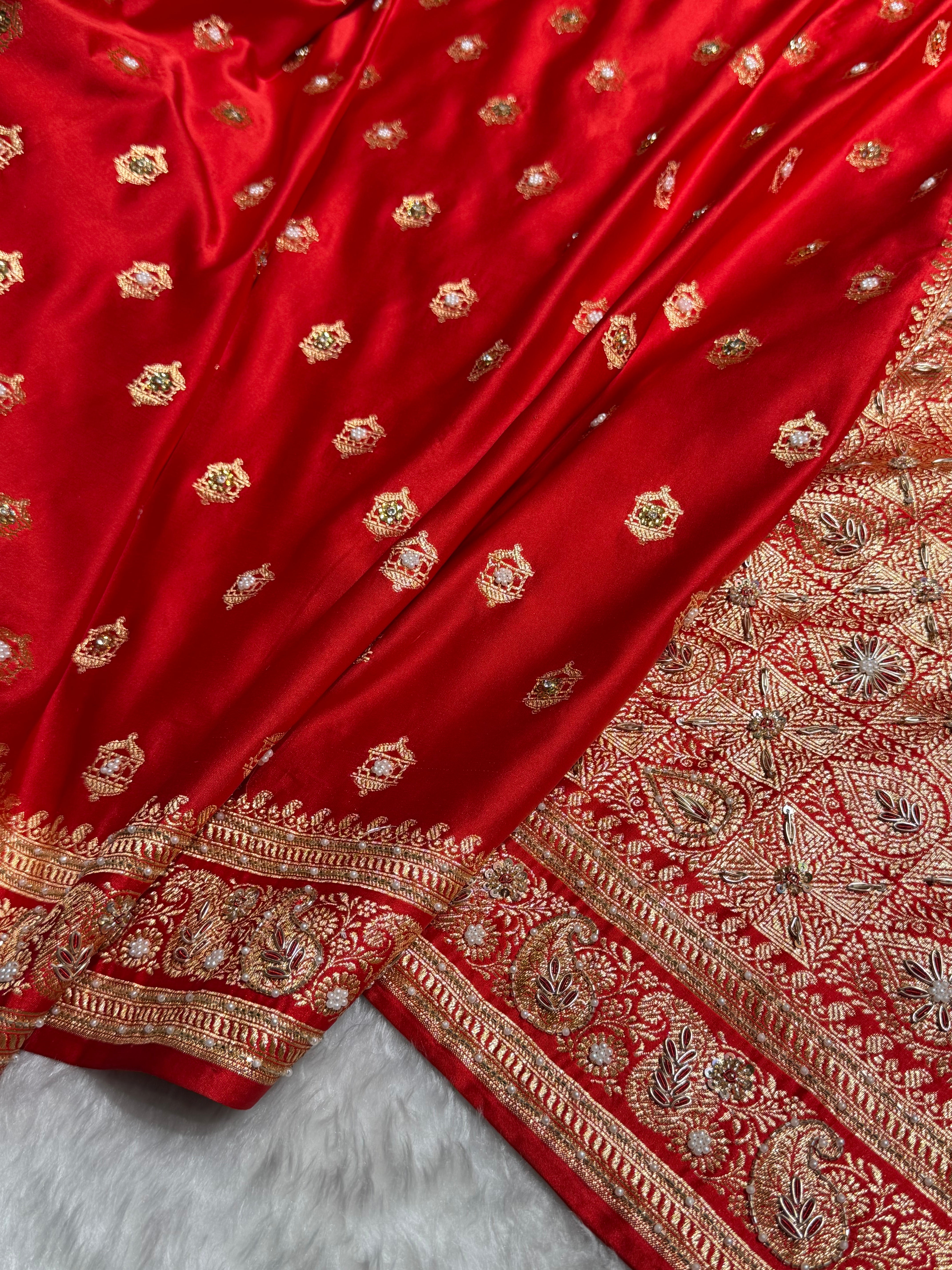 Bridal Banarasi Red Work Pattern Satin Katan Silk Saree BSK137