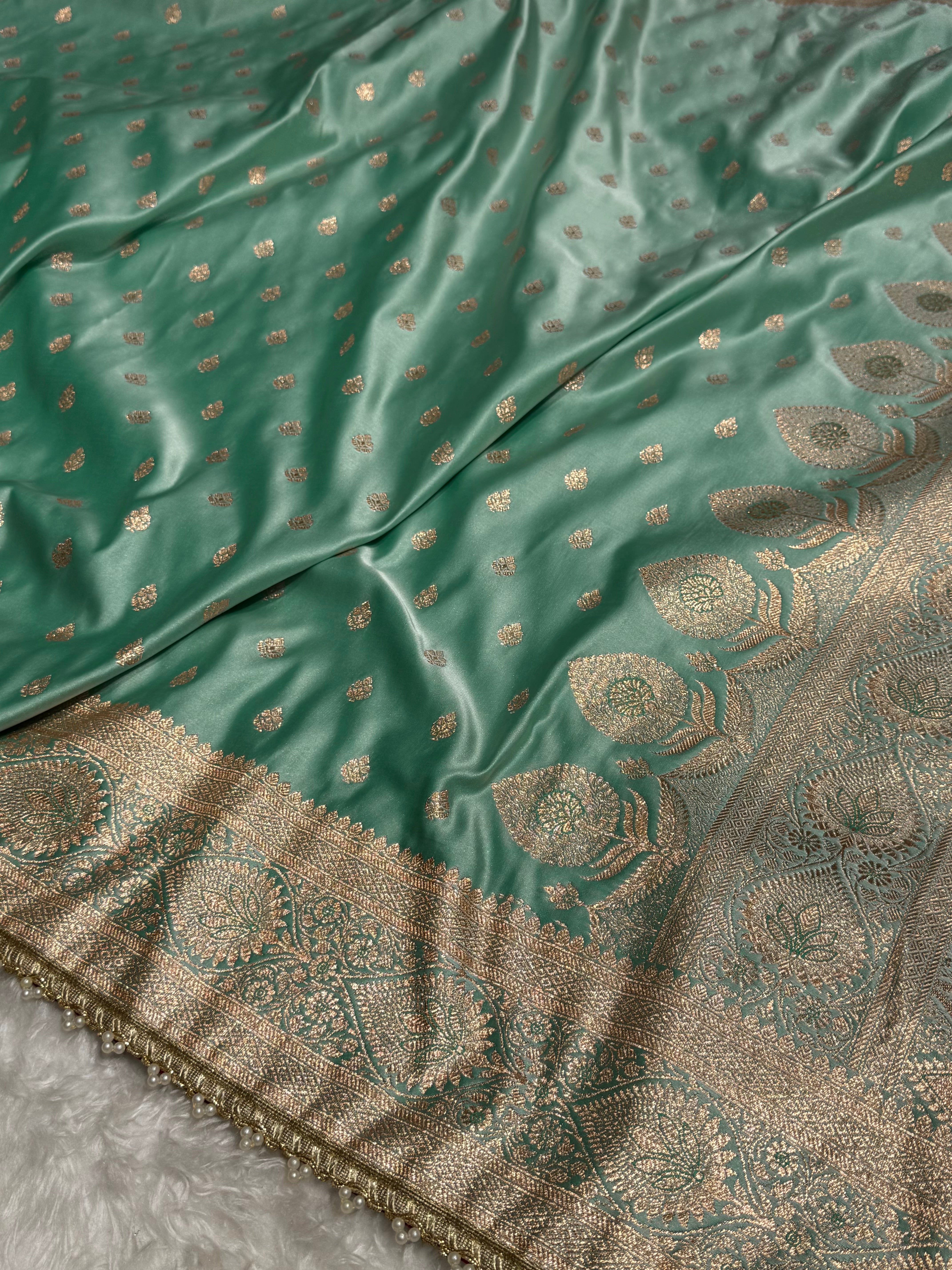 Banarasi Satin Katan Silk Saree In Pastel Sea Green Shades with gotta Patti