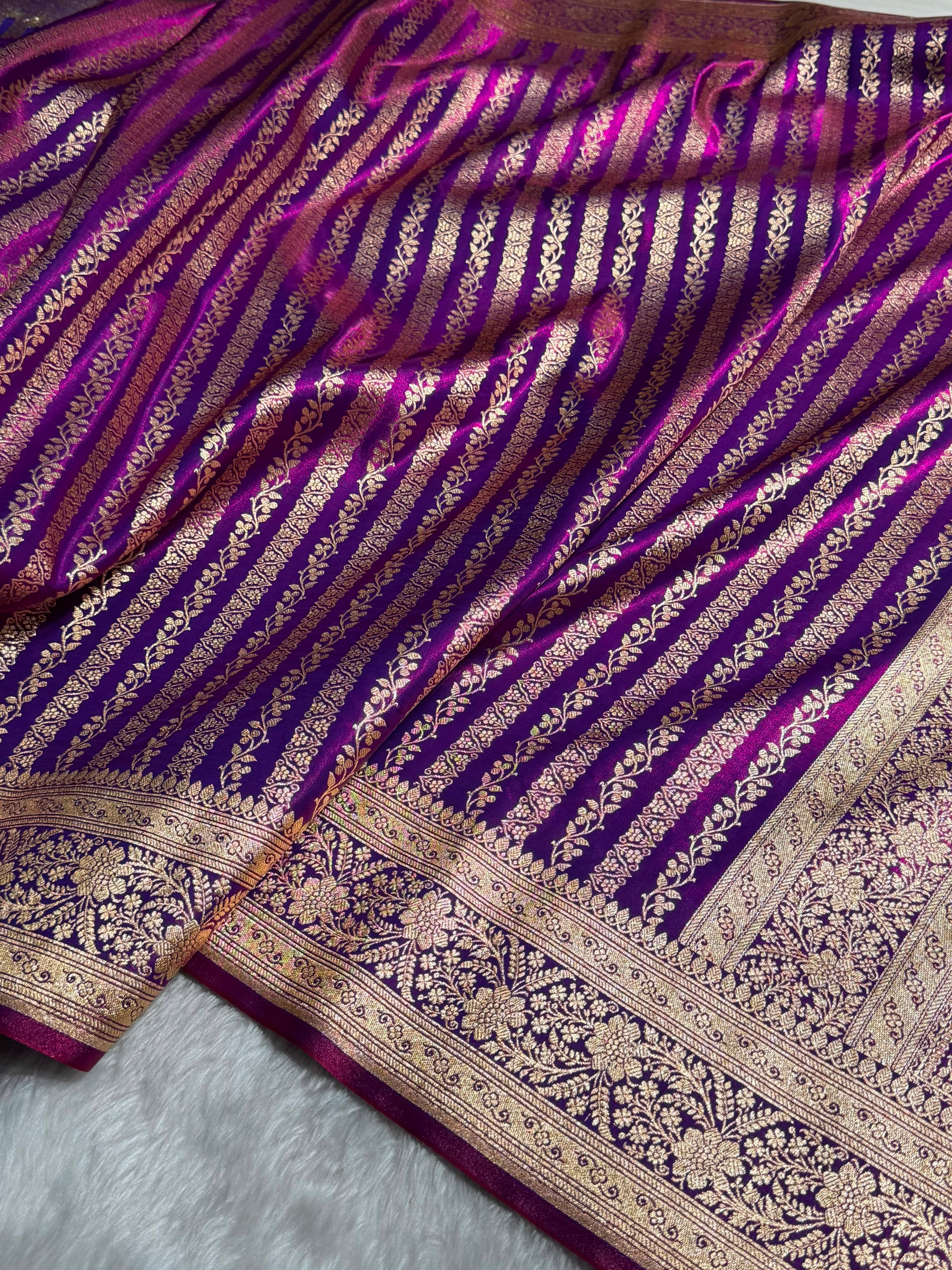 Cross Purple Shades Stripe Pattern Banarasi Satin Silk Saree SS46