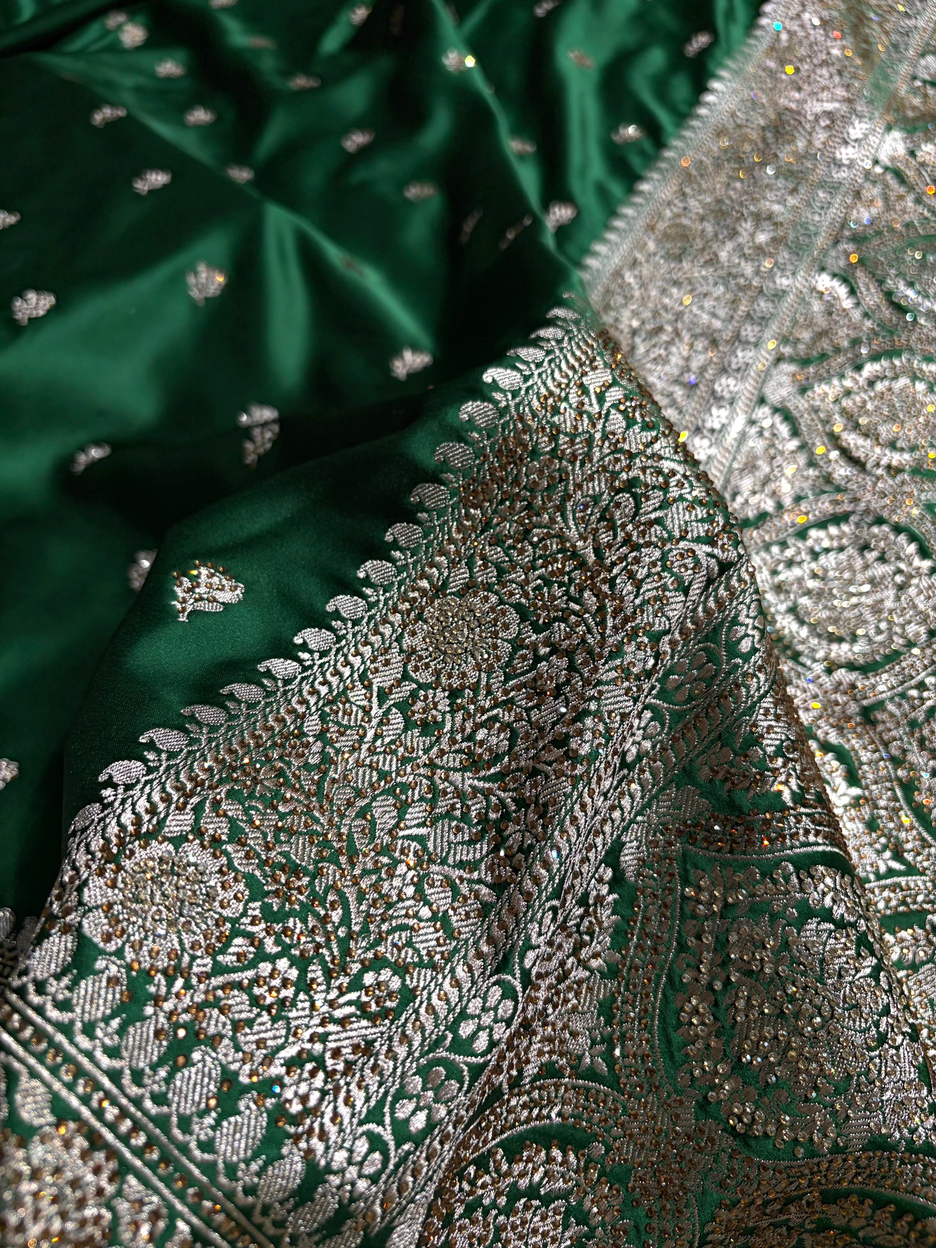 Bottle Green With Swarovski Work Booti Mashru Silk Saree BMS40