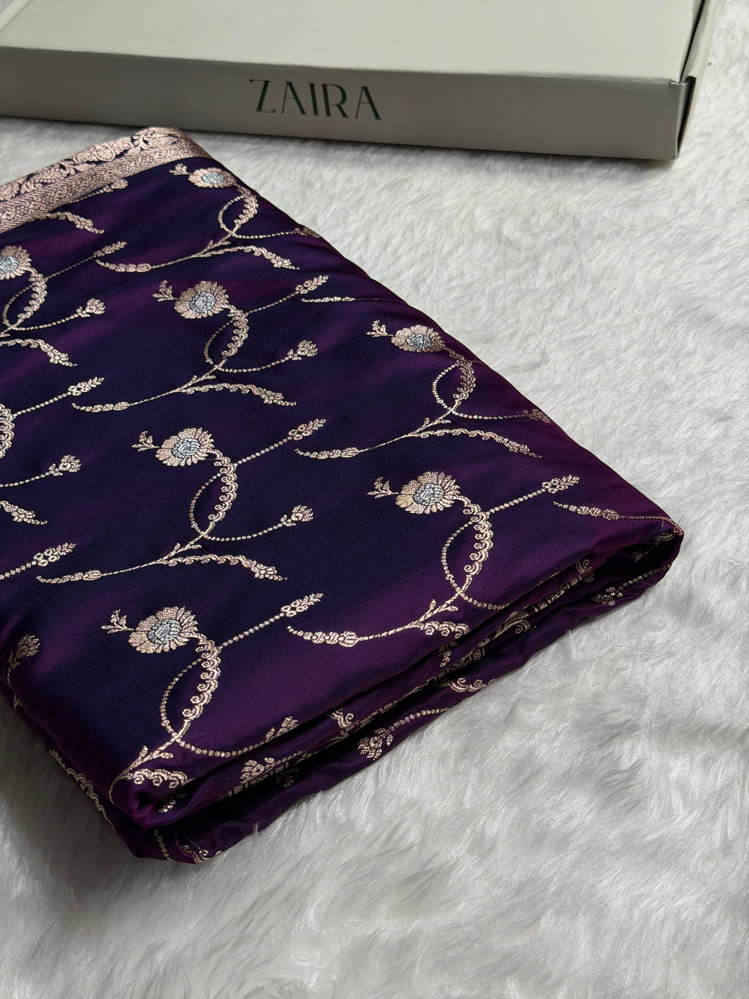 Wine Shades Banarasi Jaal Pattern Floral Minakari Mashru Silk Saree MSM-103