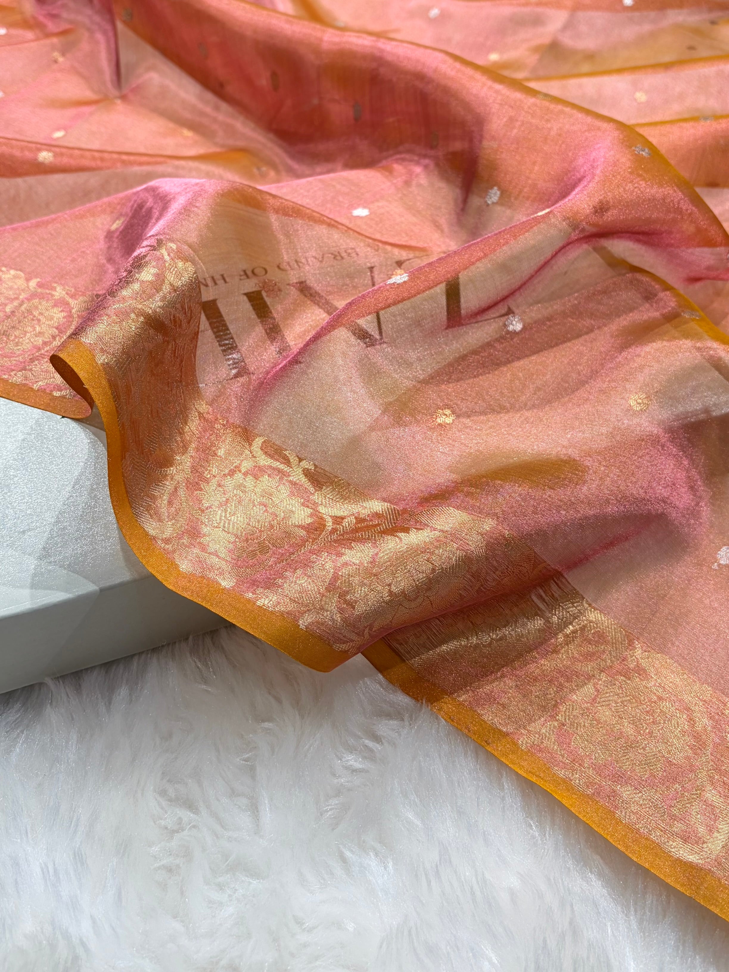 Cross Orange Bananasi Floral Shades Pure Tissue Silk Saree PT-42