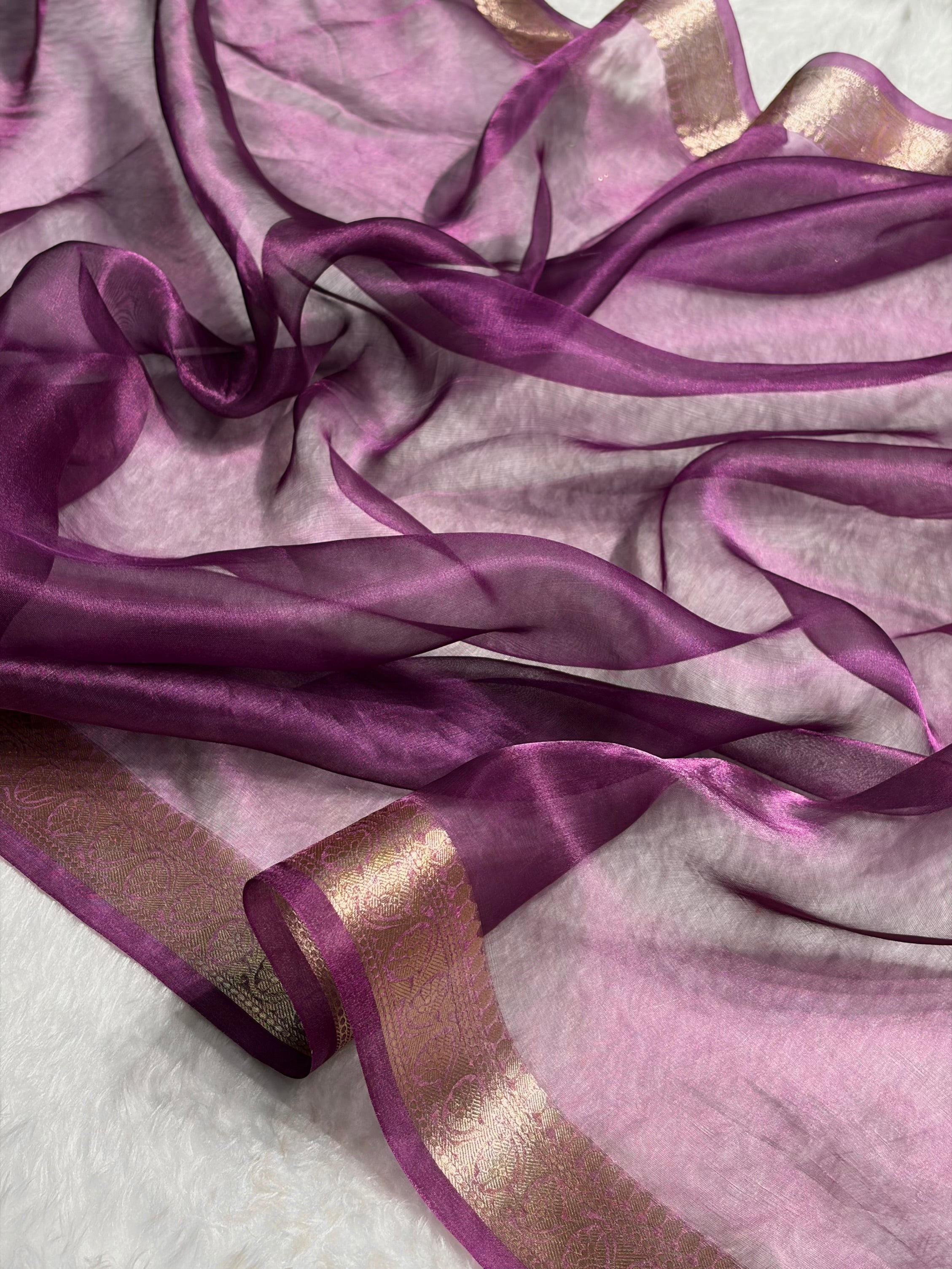 Purple Wine Shades Pure Tissue Silk Saree with Brocade Blouse PT-09