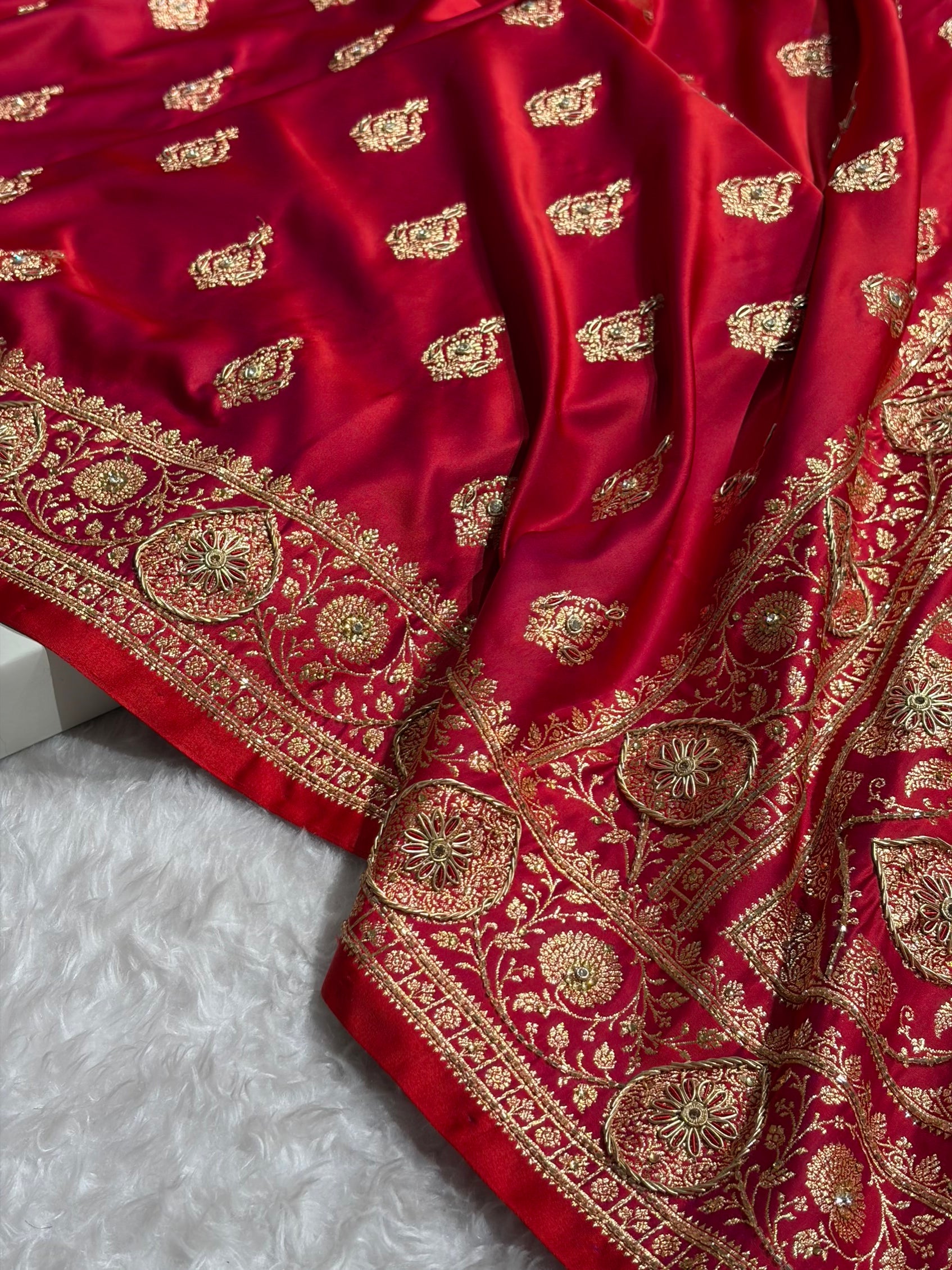 Banarasi Satin Katan Saree With Aari Zardozi Work Boota in Cross Red Shades BSK98
