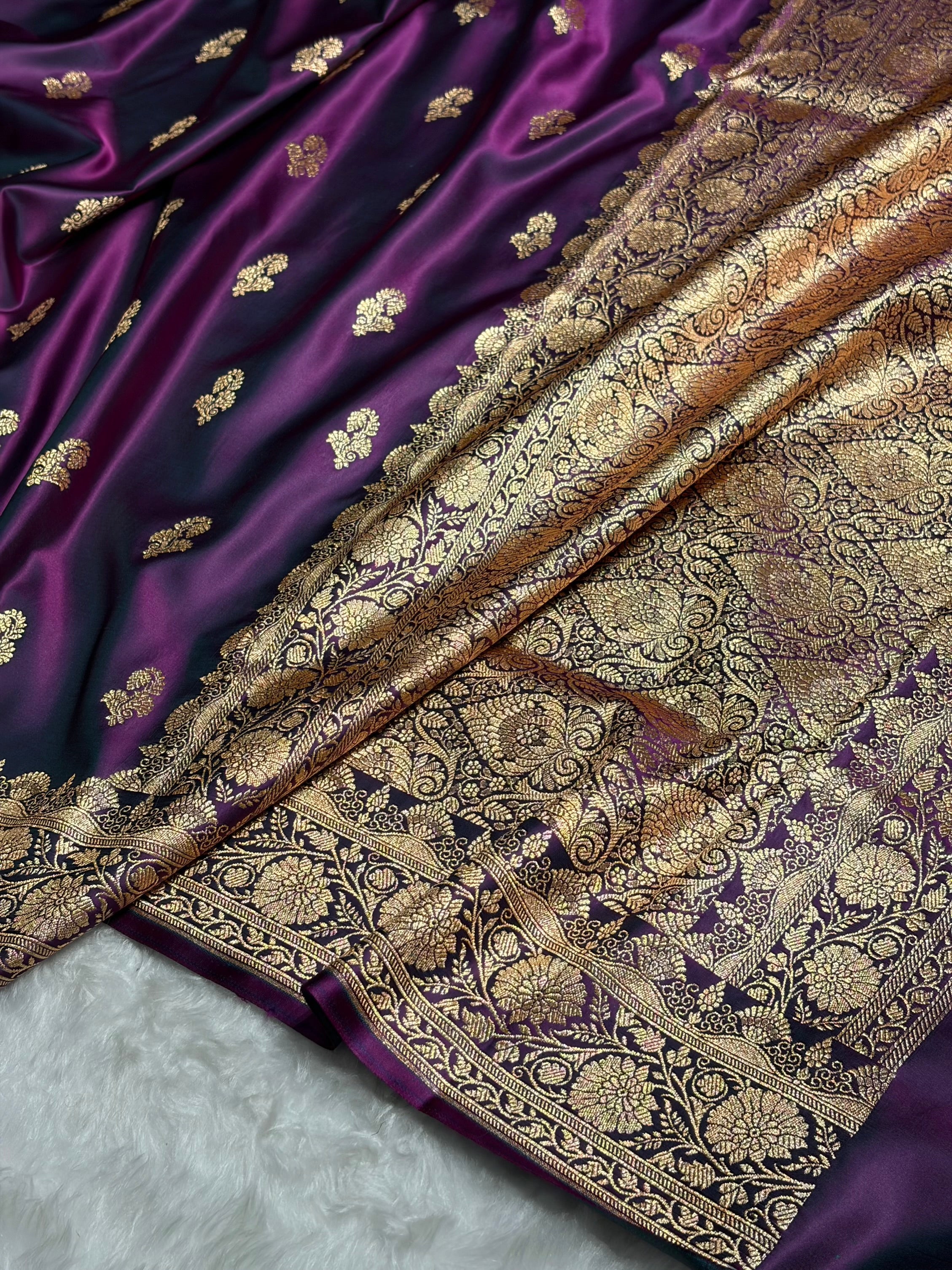 Wine Shades Floral Booti Motif Satin Katan Silk saree SK61