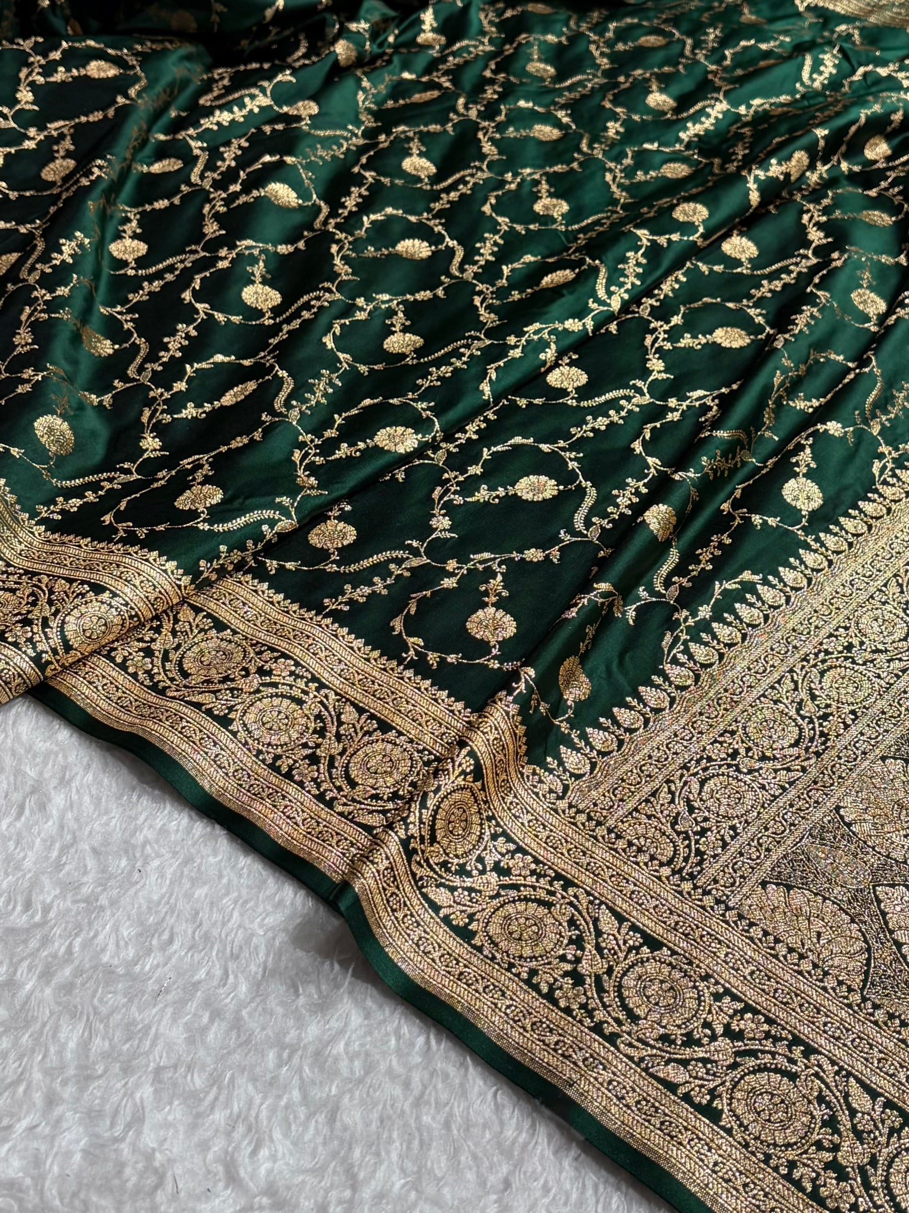 Banarasi Satin Katan Saree in Jaal Pattern Bottle Green Shades SK86