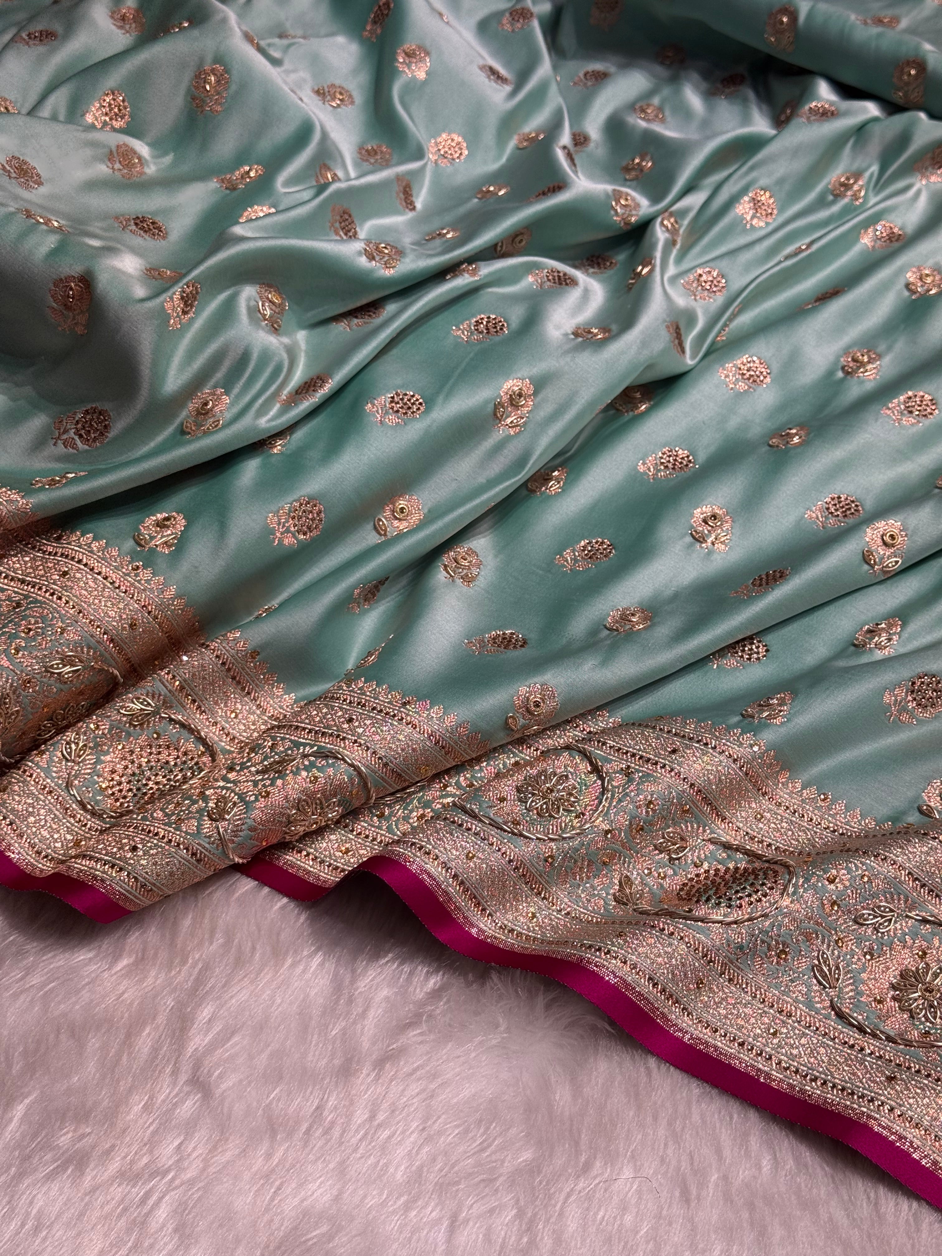 Sea Green Shades Booti Katan Silk Saree with Stone & Zardozi Work BSK12