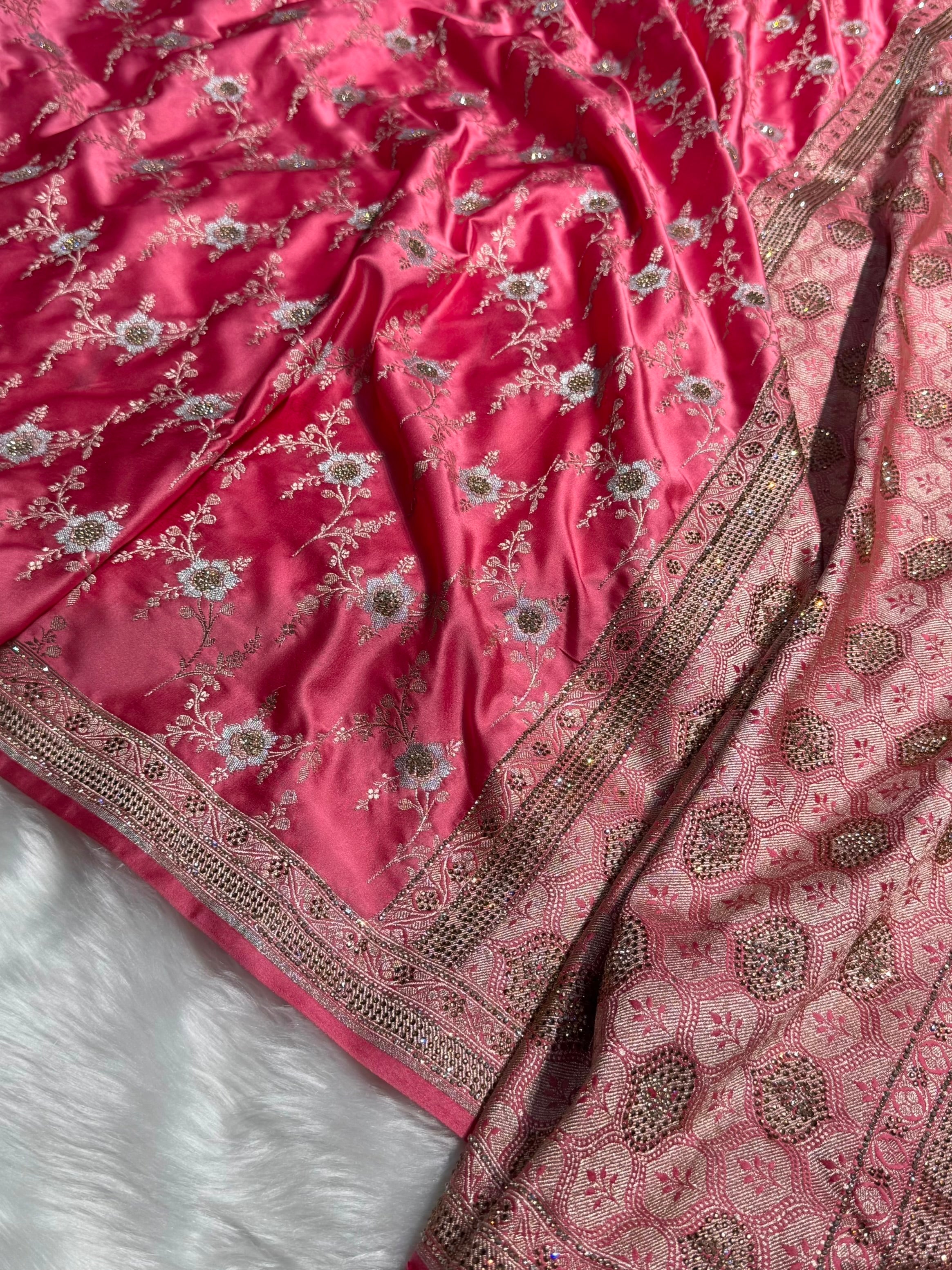 Peach Bananasi Jaal Mashru Silk Saree with Swarovski Work BMCS08