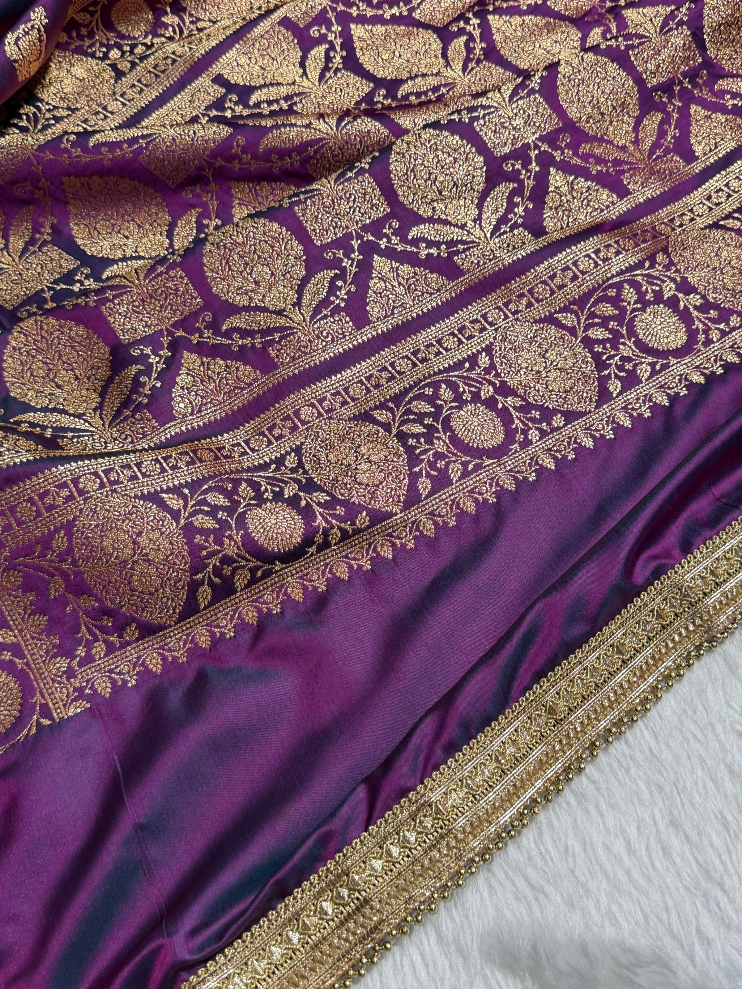 Banarasi Satin Katan Saree With Gotta Patti Boota in Cross Wine Shades SKGP98