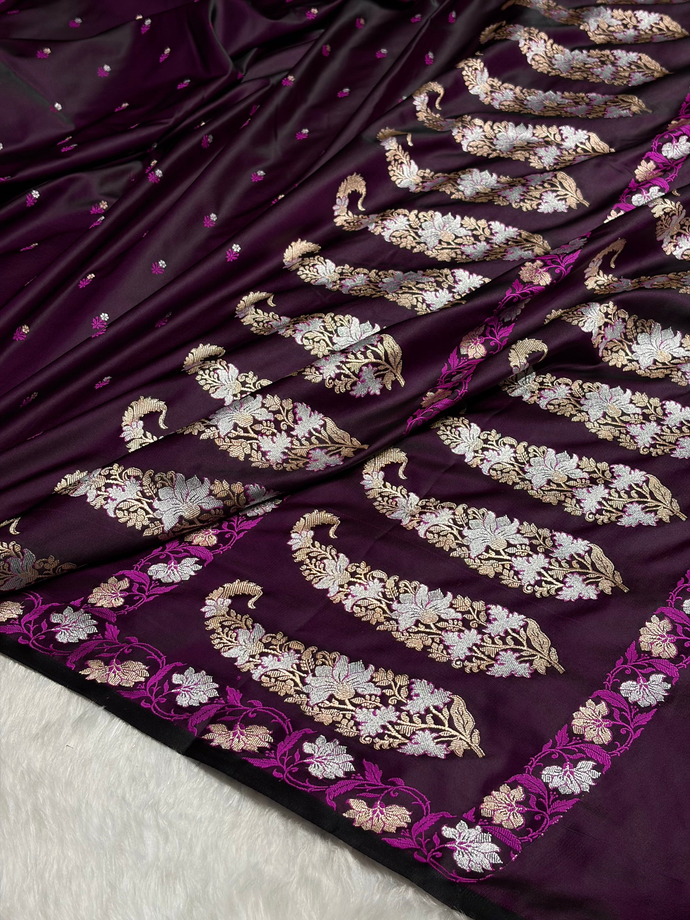 Wine Floral Boota With Floral Border Mashru Silk Saree MSM 78