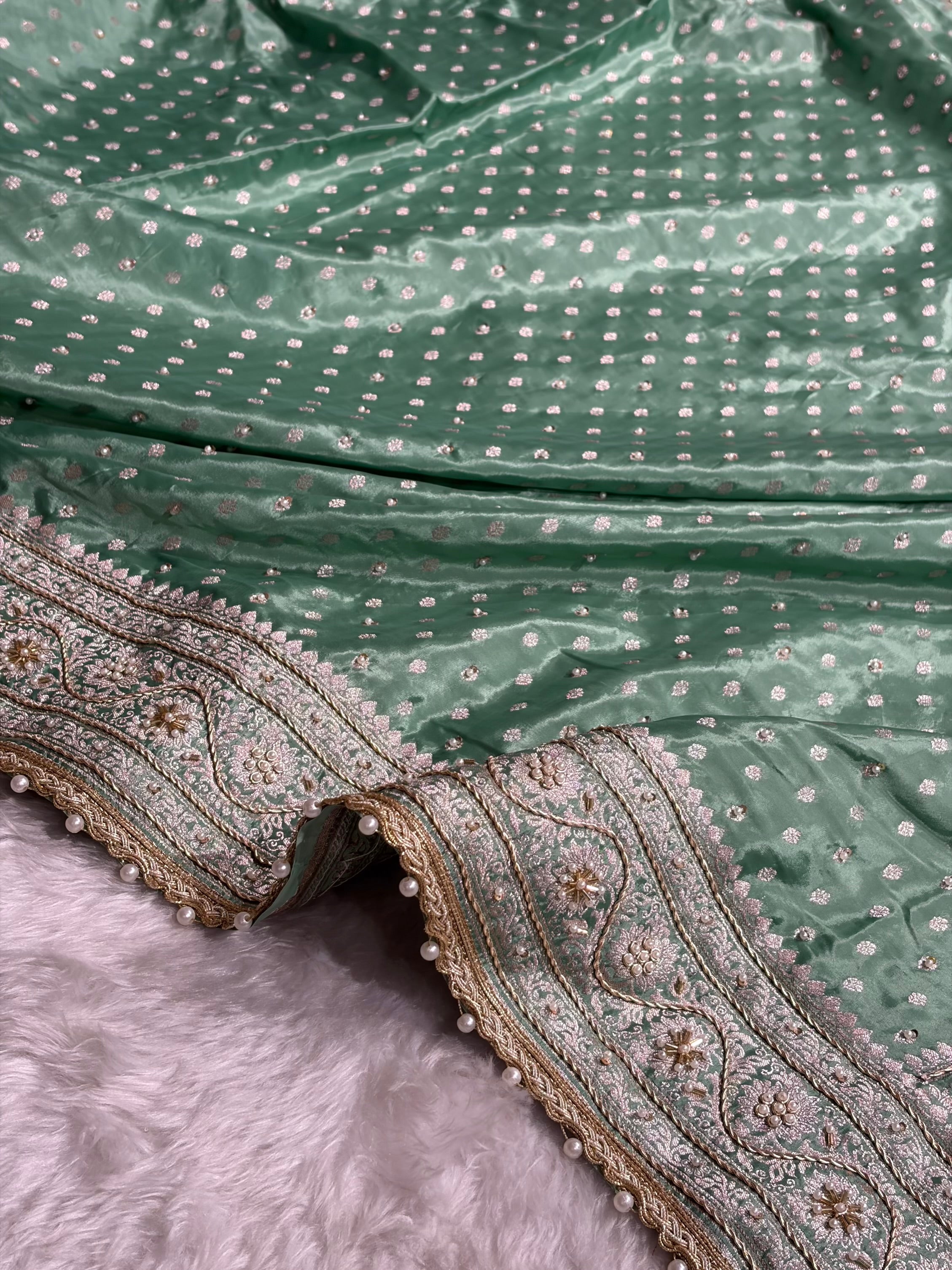 Sea Green Crepe Silk Katan With Zardozi and Gotta Patti Work Banarasi Saree BCSK-02
