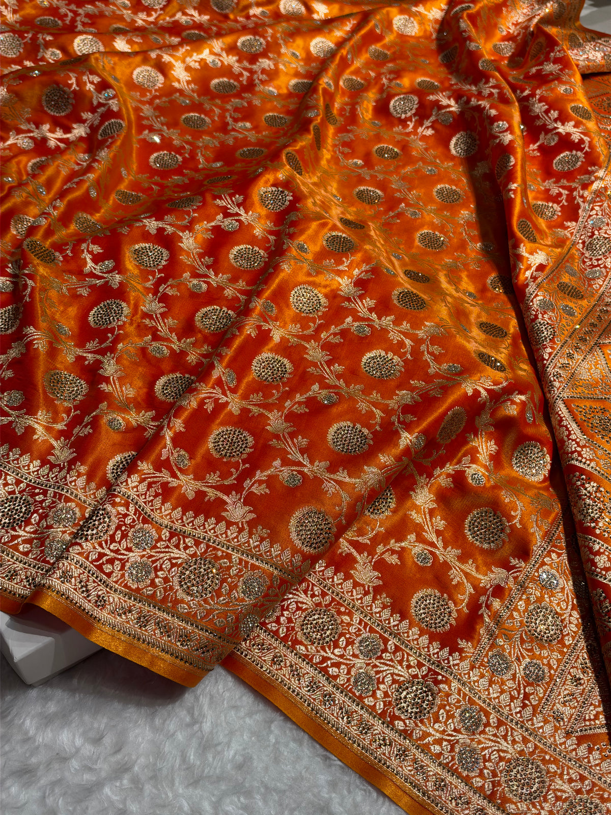 Gold With Swarovski Stone Work Jaal Pattern Satin Silk Saree BSS15