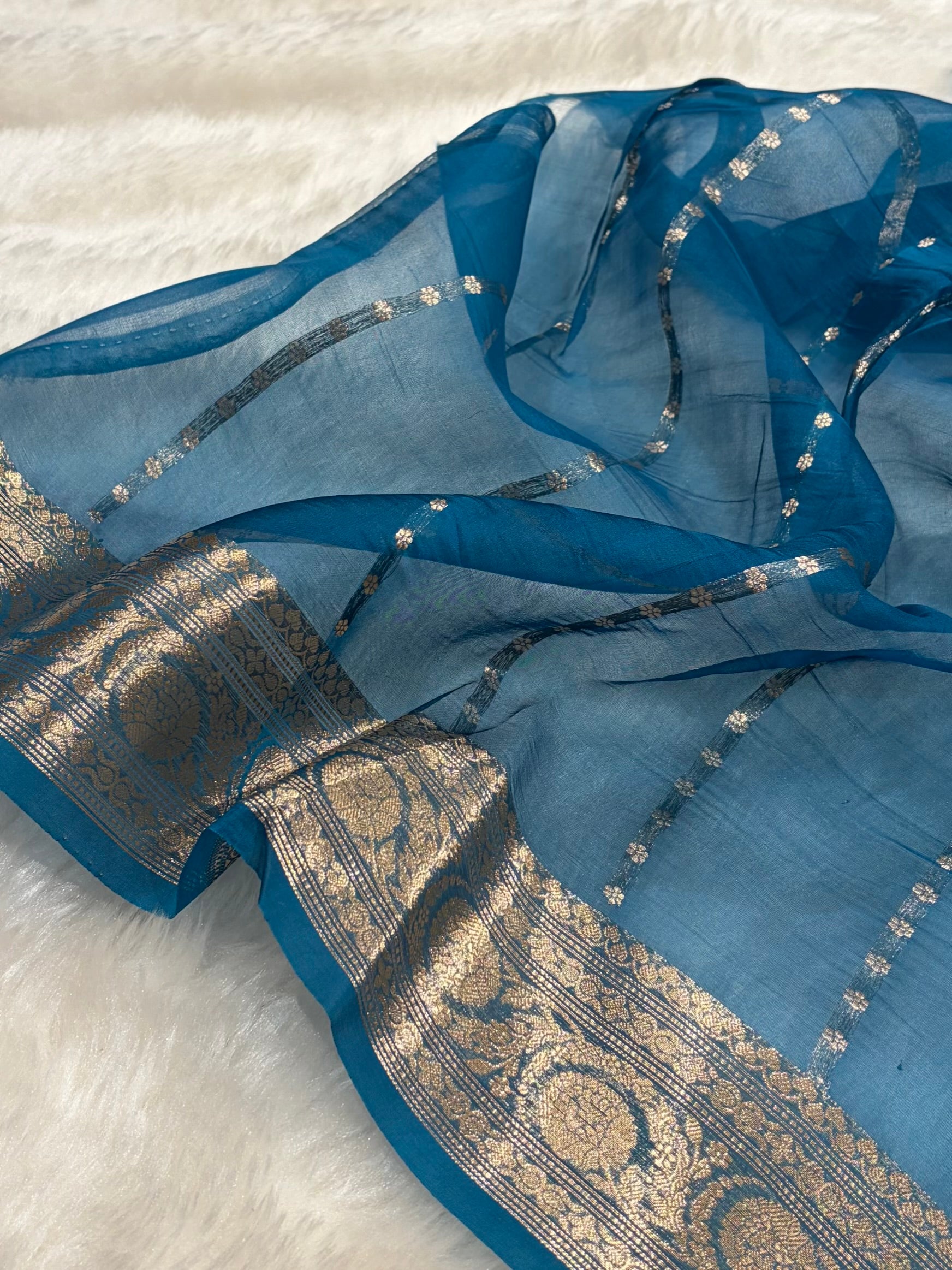 Pure Banarasi Organza Firozi Shades With Minakari Floral Banarasi Silk Saree PO-28