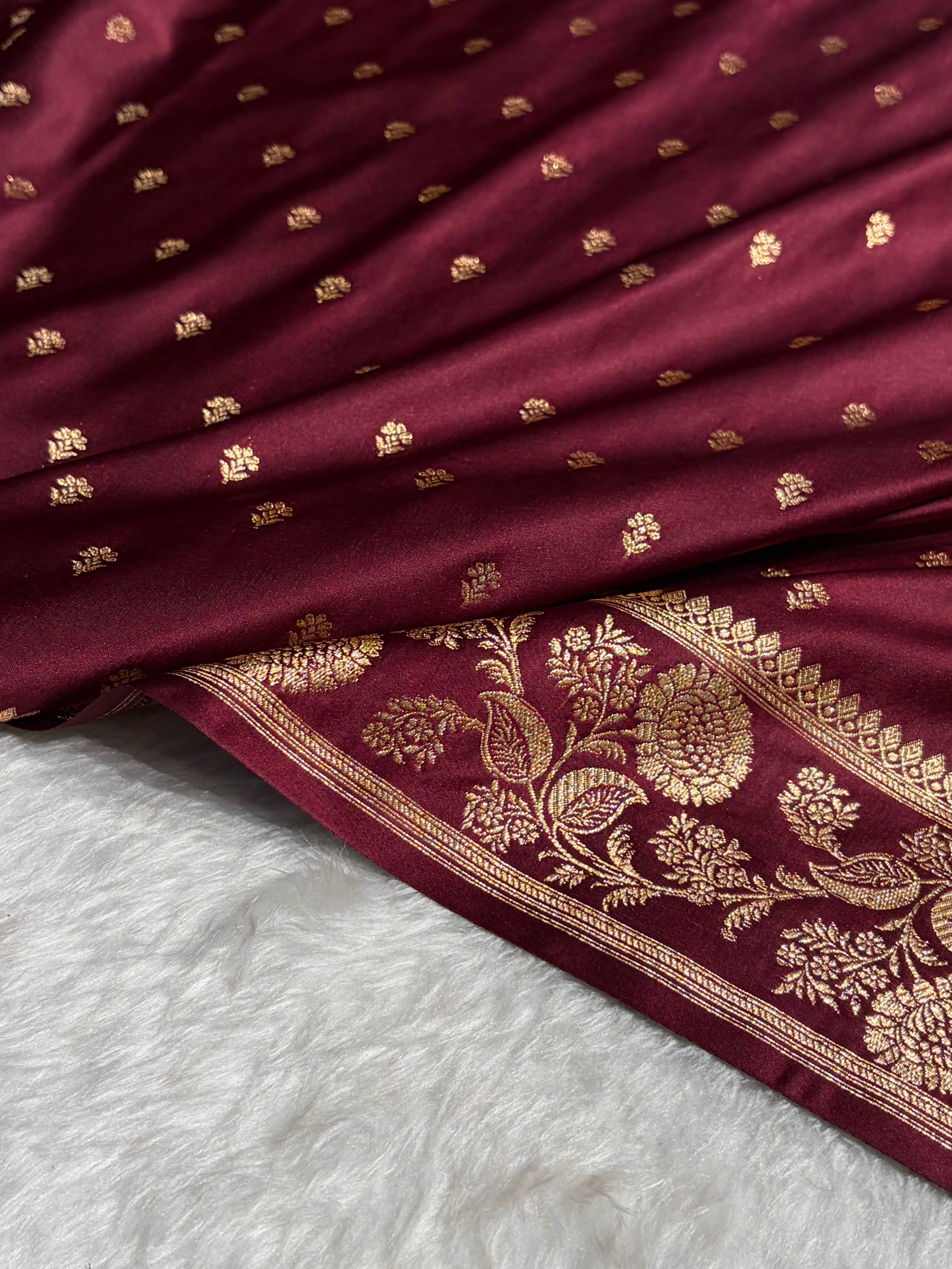 Chocolate Shades Floral Pattern Satin Katan Silk Saree SK77